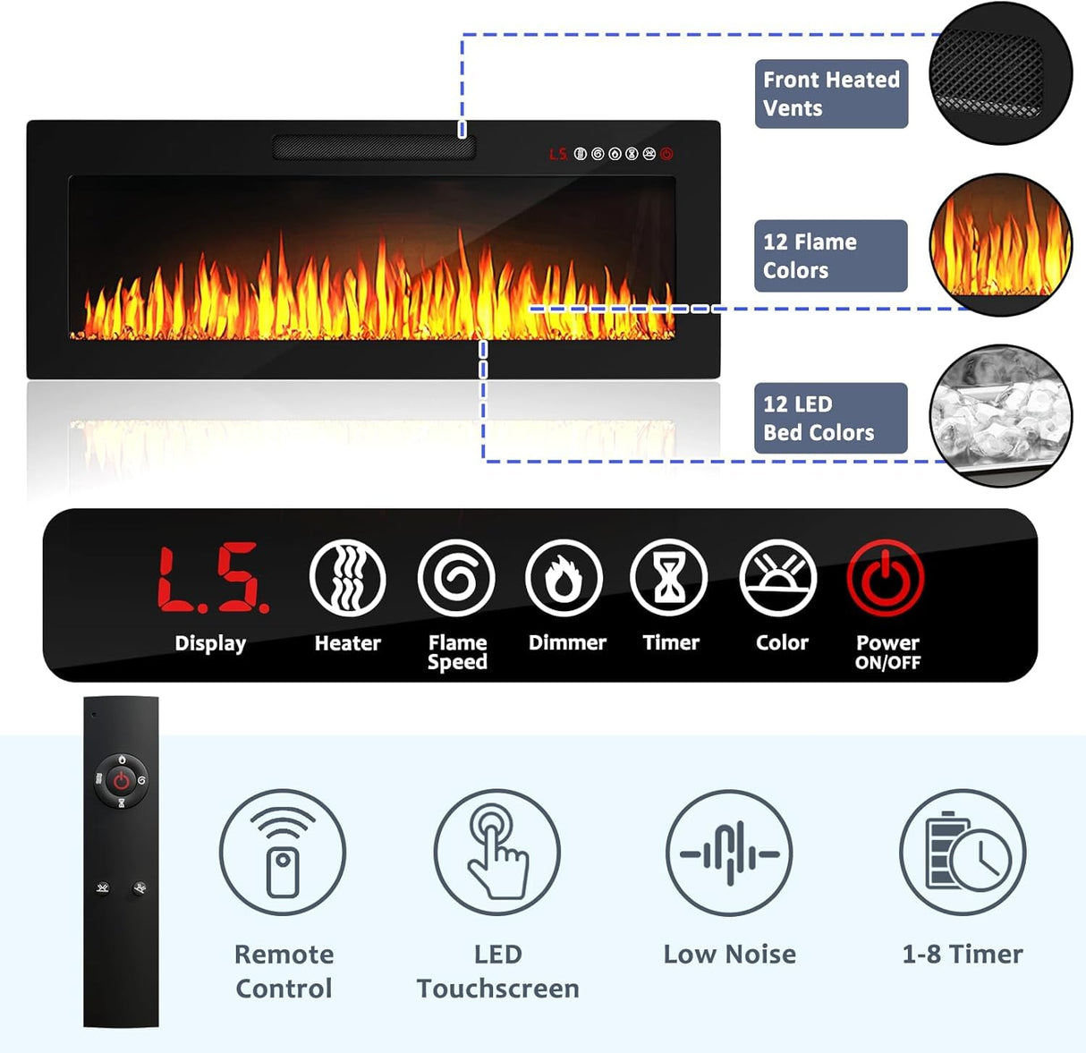 PUKAMI 70" Floating TV Stand with 36" Electric Fireplace,Wall Mounted Fireplace Entertainment Center with LED Lights and Highlight Storage Cabinet for TVs up to 80", for Living Room (Black) PUKAMI