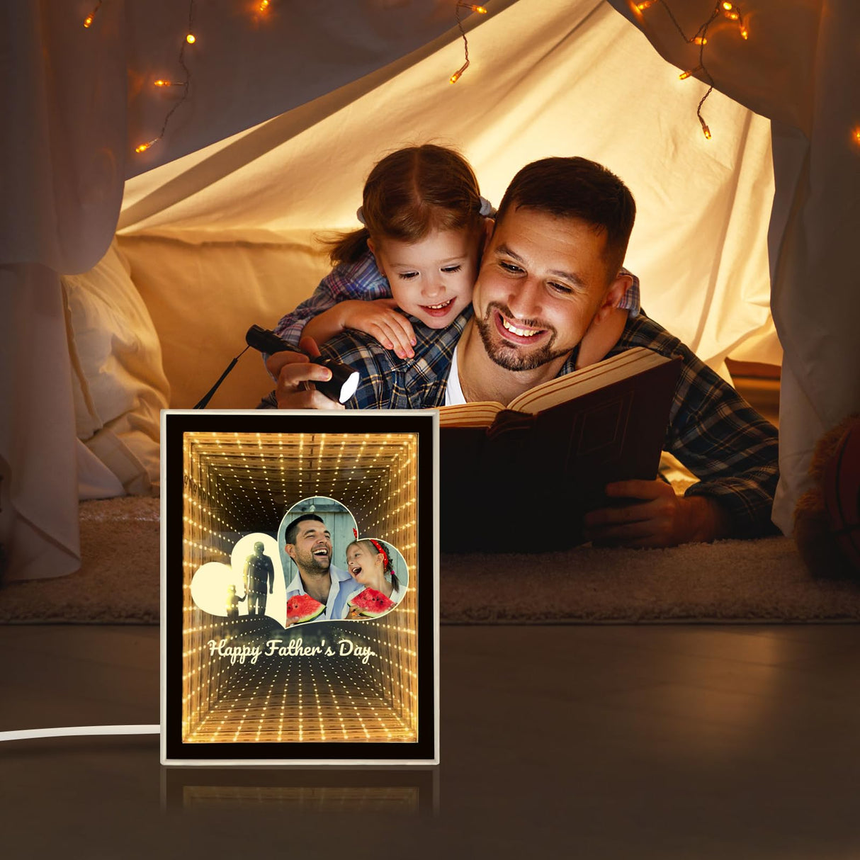 Custom Photo Infinity Mirror, Personalized Photo Frame Gifts for Friends, Couples, Family, Desktop LED Night Light Makeup Mirror 2 in 1, Home Decoration Bedroom Office Living Room LINMQIU