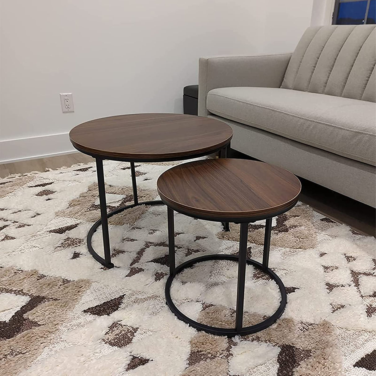 aboxoo Coffee Table Nesting Side Round Set of 2 End Table Top Sturdy Metal Frame Desk Centerpiece Living Room Bedroom Apartment Modern Industrial Simple Nightstand aboxoo