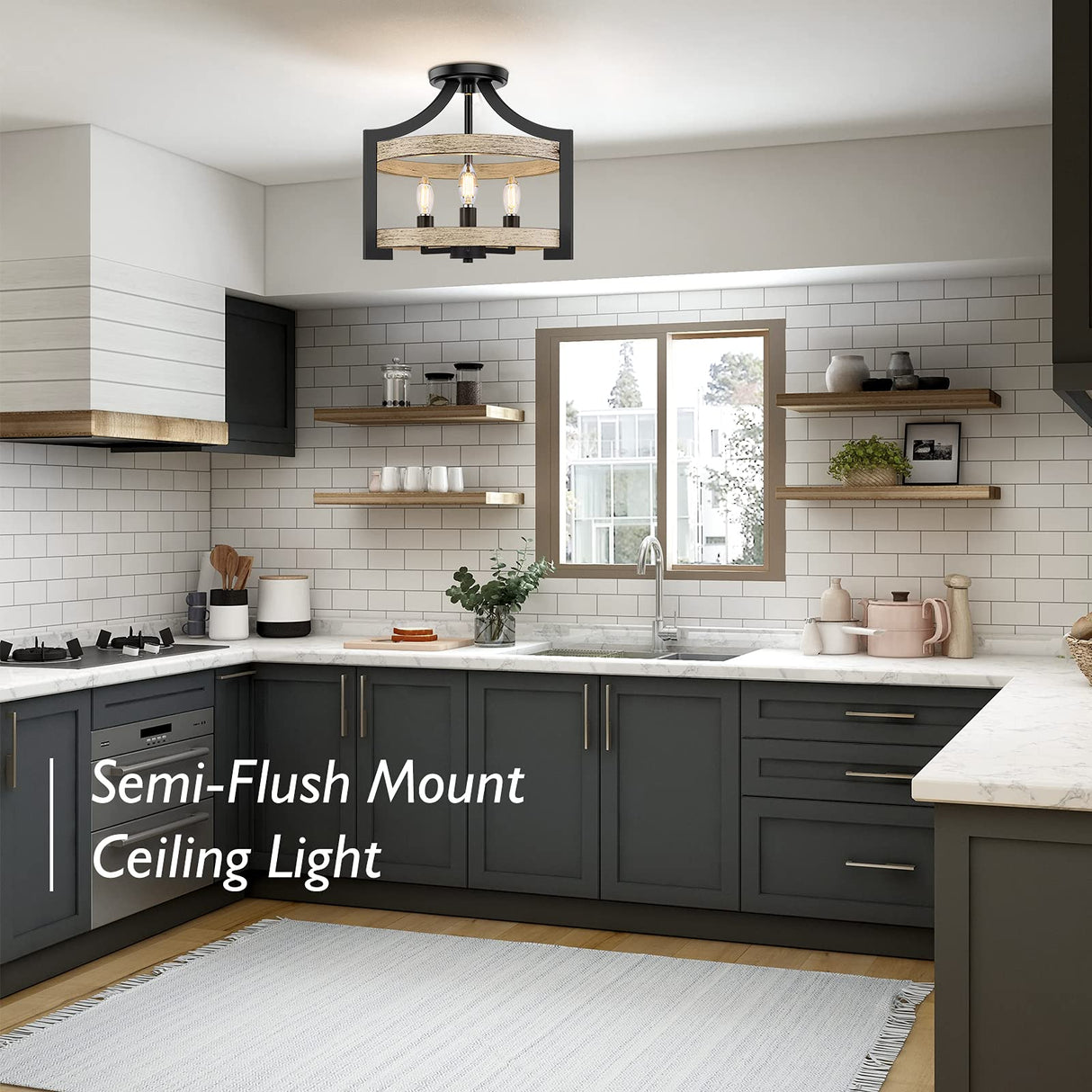 3-Light Rustic Farmhouse Pendant Hanging Light Adjustable Height Max 68in, Convertible Vintage Semi Flush Mount Ceiling Light Fixture Black Metal Chandelier White Birch Wood Finish Kitchen Dining Room BesLowe