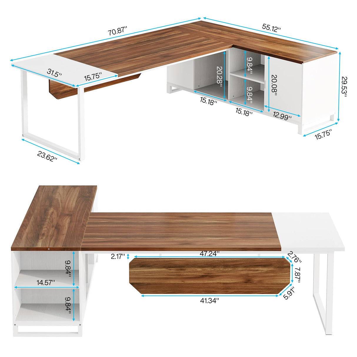 Tribesigns 70.8-Inch Executive Desk with 55-Inch File Cabinet, Large L Shaped Computer Desk with Storage Cabinet and Shelves, Modern L-Shaped Desk for Home Office, Walnut & White Tribesigns
