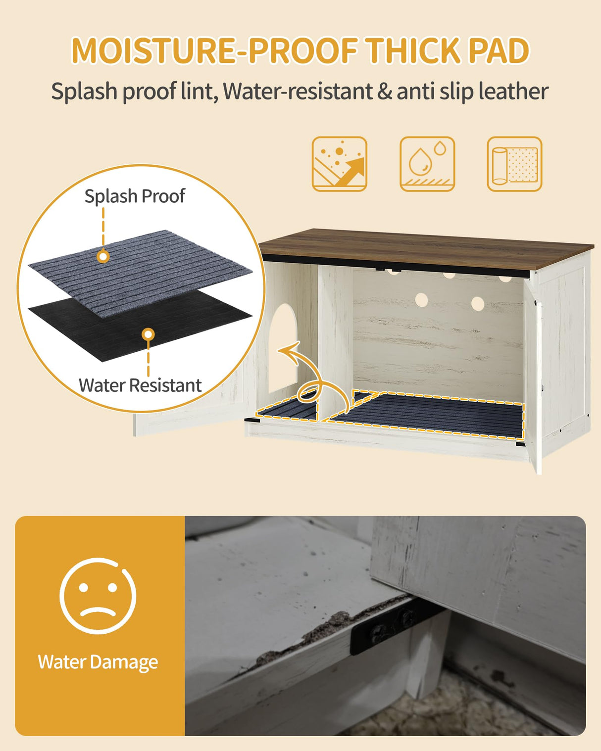 Hzuaneri Cat Litter Box Enclosure with Cushion, Hidden Litter Box Furniture with Removable Dividers, Reversible Entrance Left or Right Side,Cat House, Rustic White and Brown CB84714X Hzuaneri