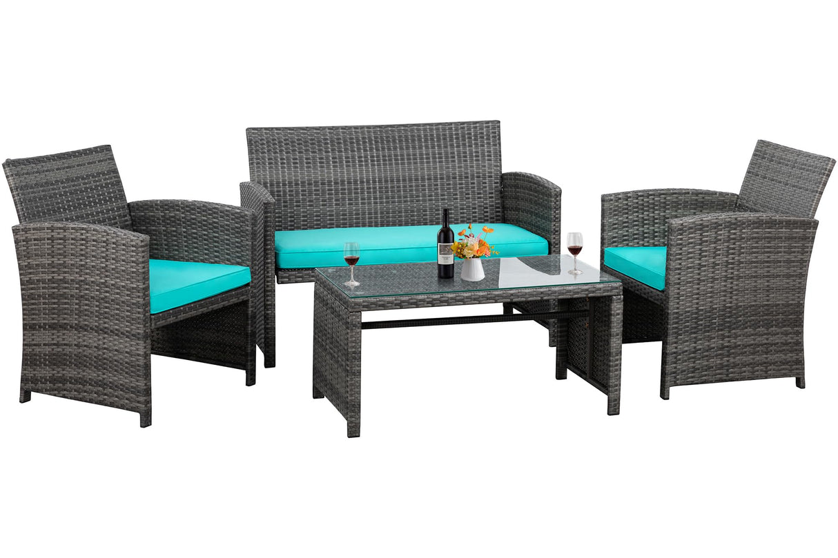 Shintenchi 4 Piece Patio Ratten Set Outdoor Furniture Set Wicker Conversation Set with Cushions and Tempered Glass Tabletop,Blue Shintenchi