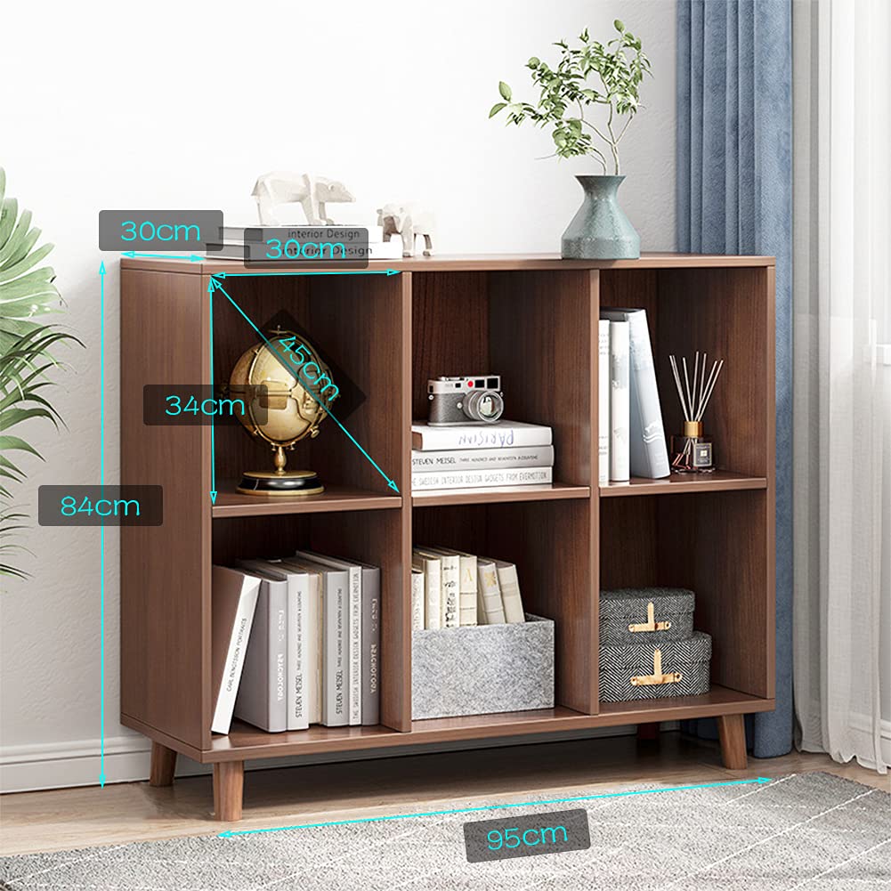 IOTXY Freestanding Open Cubes Bookcase - 2-Tier Floor Standing Wooden Storage Display Cabinet Organizer with Legs for Home Office, 6-Cubes Open Shelf Low Short Bookshelf, Walnut IOTXY