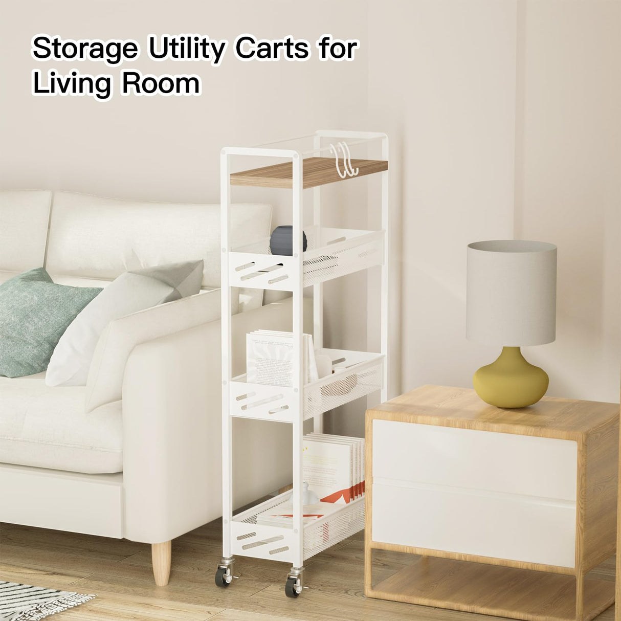 DGSNADGO Slim Rolling Storage Cart, 4-Tier Kitchen Cart on Wheels, Narrow Utility Cart with Handle and Wooden Tabletop for Small Space in Kitchen, Living Room, Bathroom, Laundry Room, Beige and White DGSANDGO