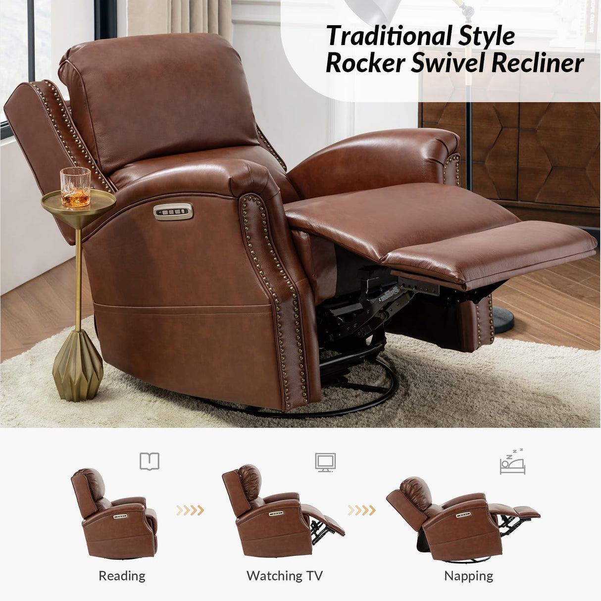 HULALA HOME Genuine Leather Recliner with One-Button Reset, Power Recliner with Electric Lumbar Support and Headrest, Traditional Swivel Rocker Recliner with USB Port and Storage Pocket, Brown HULALA HOME