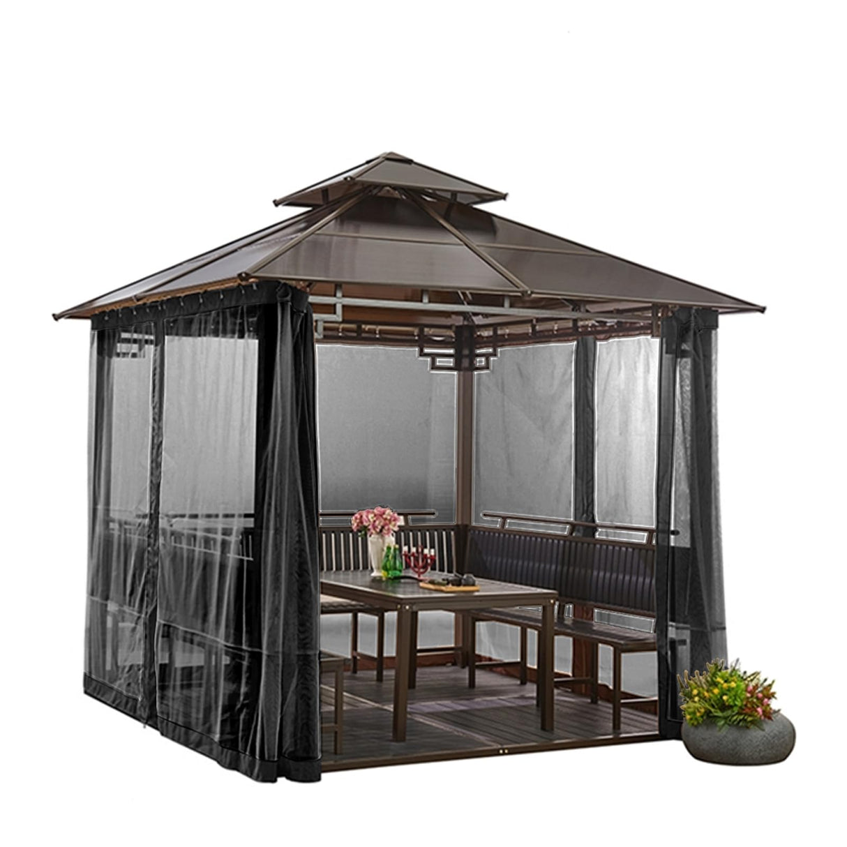 Hisecome 10' x 12' Gazebo Universal Replacement Mosquito Netting,Black Outdoor Canopy Net Screen 4-Panel Sidewall Curtain, with Zippers,Mosquito Netting(Only) Hisecome