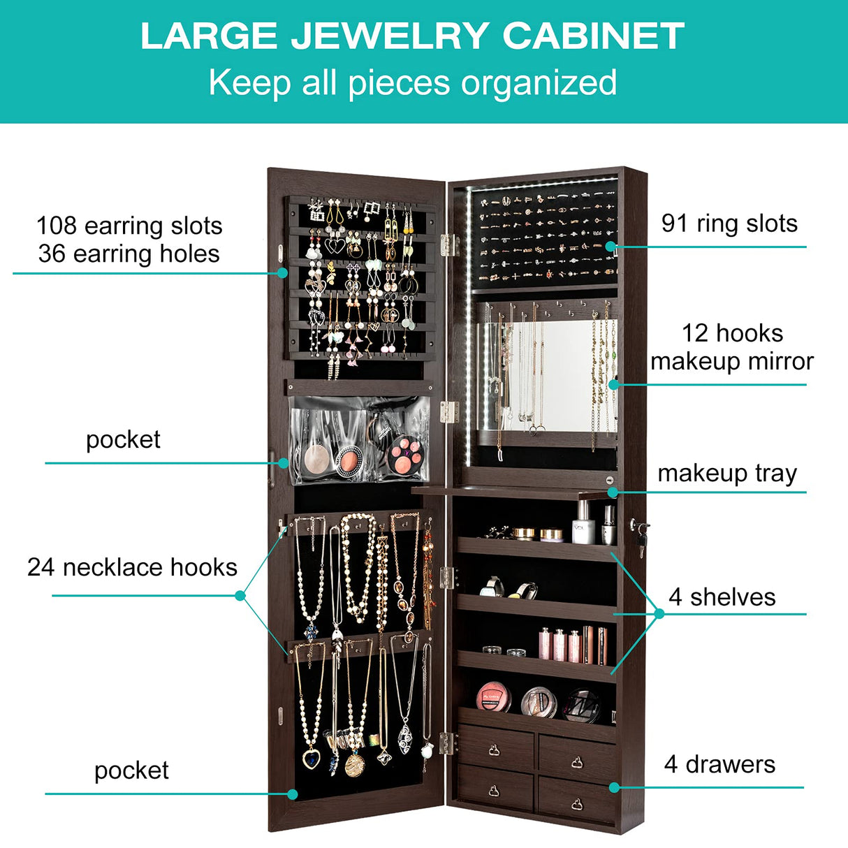 CHARMAID LED Strip Jewelry Armoire with 47.2" H Full Length Mirror, Wall/Door Mounted Jewelry Organizer with Built-in Mirror, Flip-over Cosmetic Tray, 4 Drawers, Large Storage Jewelry Cabinet (Coffee) CHARMAID
