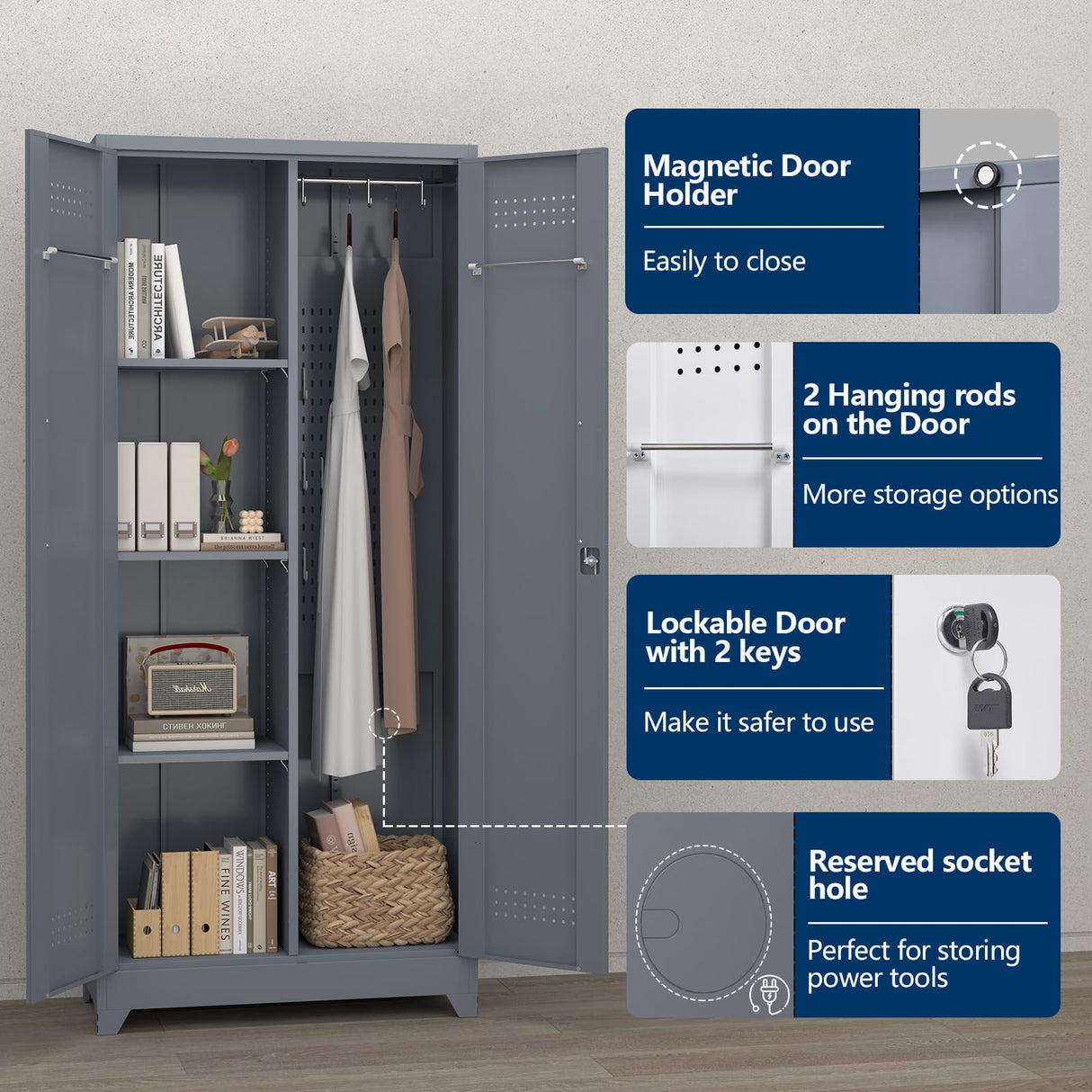 NICEGDLT Broom Closet, Broom Closet Storage Cabinets with Lock, 65" Metal Garage Organization Cabinet, Cleaning Supply Utility Storage Cabinet with Pegboard & Shelves for Laundry Room,Workshop NICEGDLT