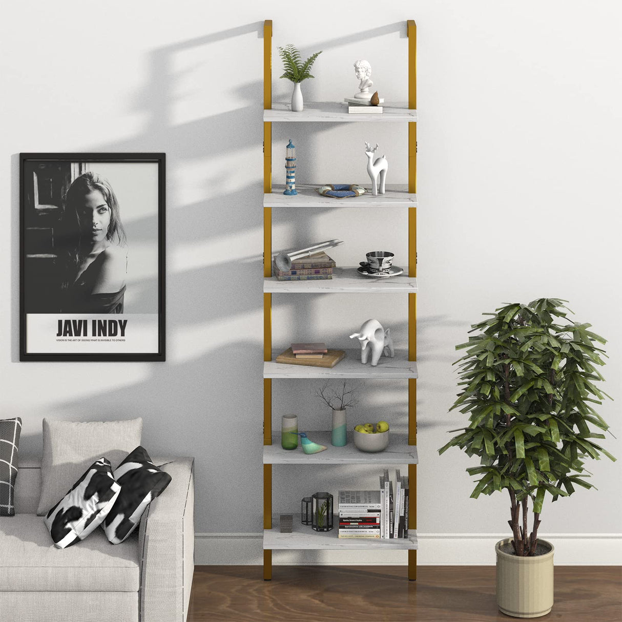 Wolawu Ladder Shelf 6 Tiers Marble White Modern Bookshelf Open Tall Wall Mount Bookcase Standing Leaning Wall Shelves Industrial Decorative Living Room Bed Room Wolawu
