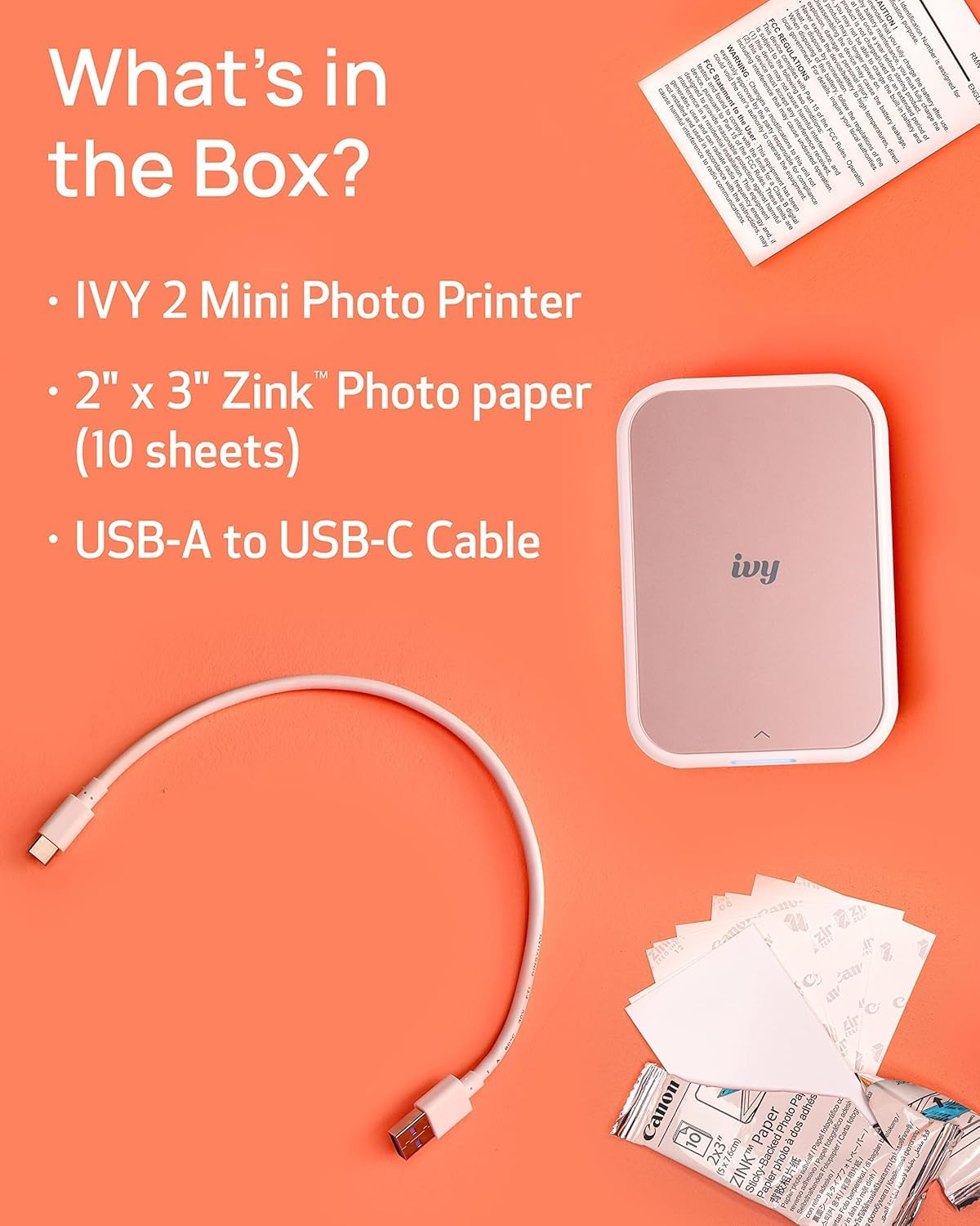 Canon Ivy 2 Mini Photo Printer (Blush Pink) - Bluetooth, Print from iOS & Android Devices, Bundle Incl. 110 Zink Sticky-Back Prints, LED Light Bar, Protective Case, and USB Cable Canon