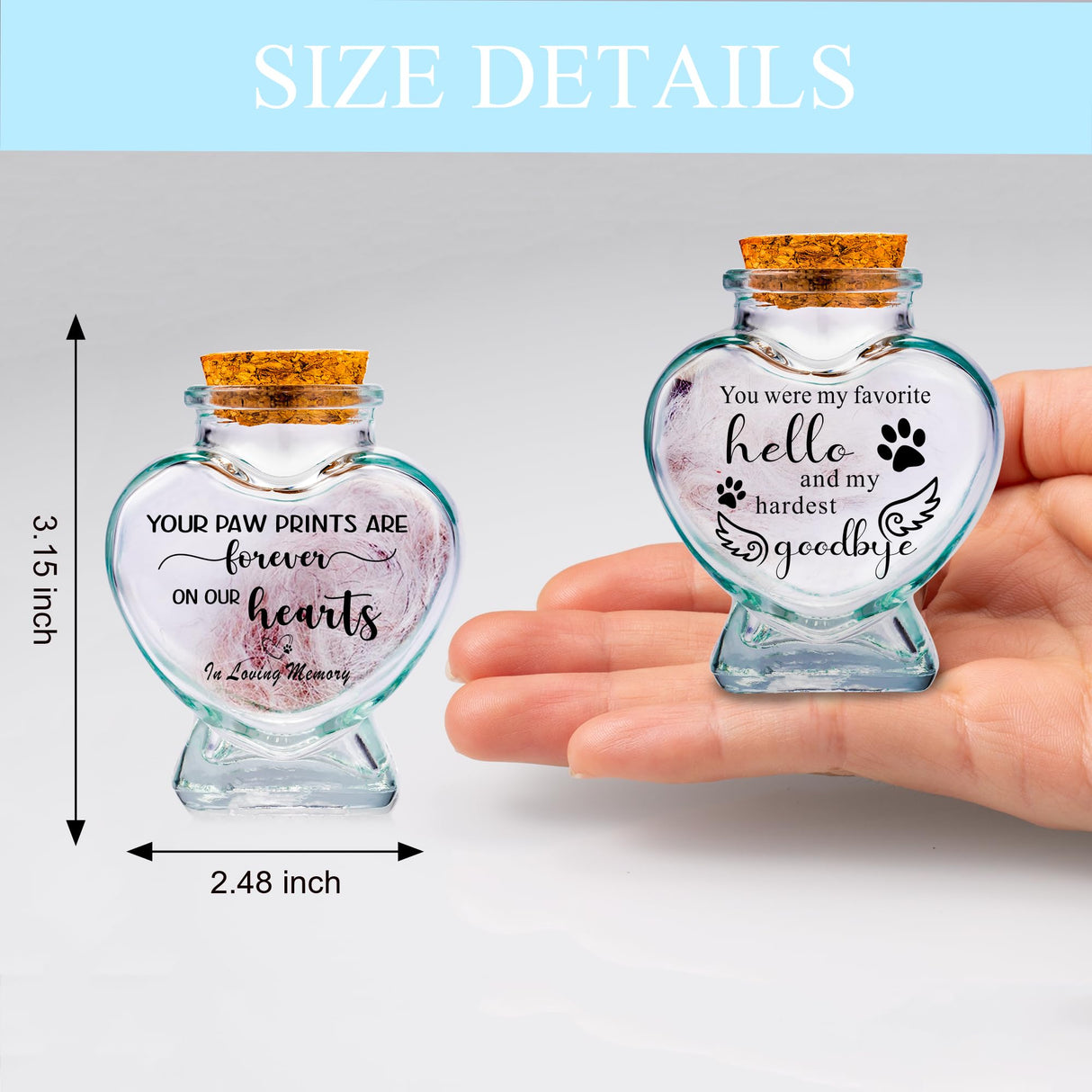 2 Pieces Pet Memorial Urns Sand Keepsake Jar Heart Shaped Glass Urns for Ashes or Hair Teeth Keepsake Loss of Pet Sympathy Gift Gredstar