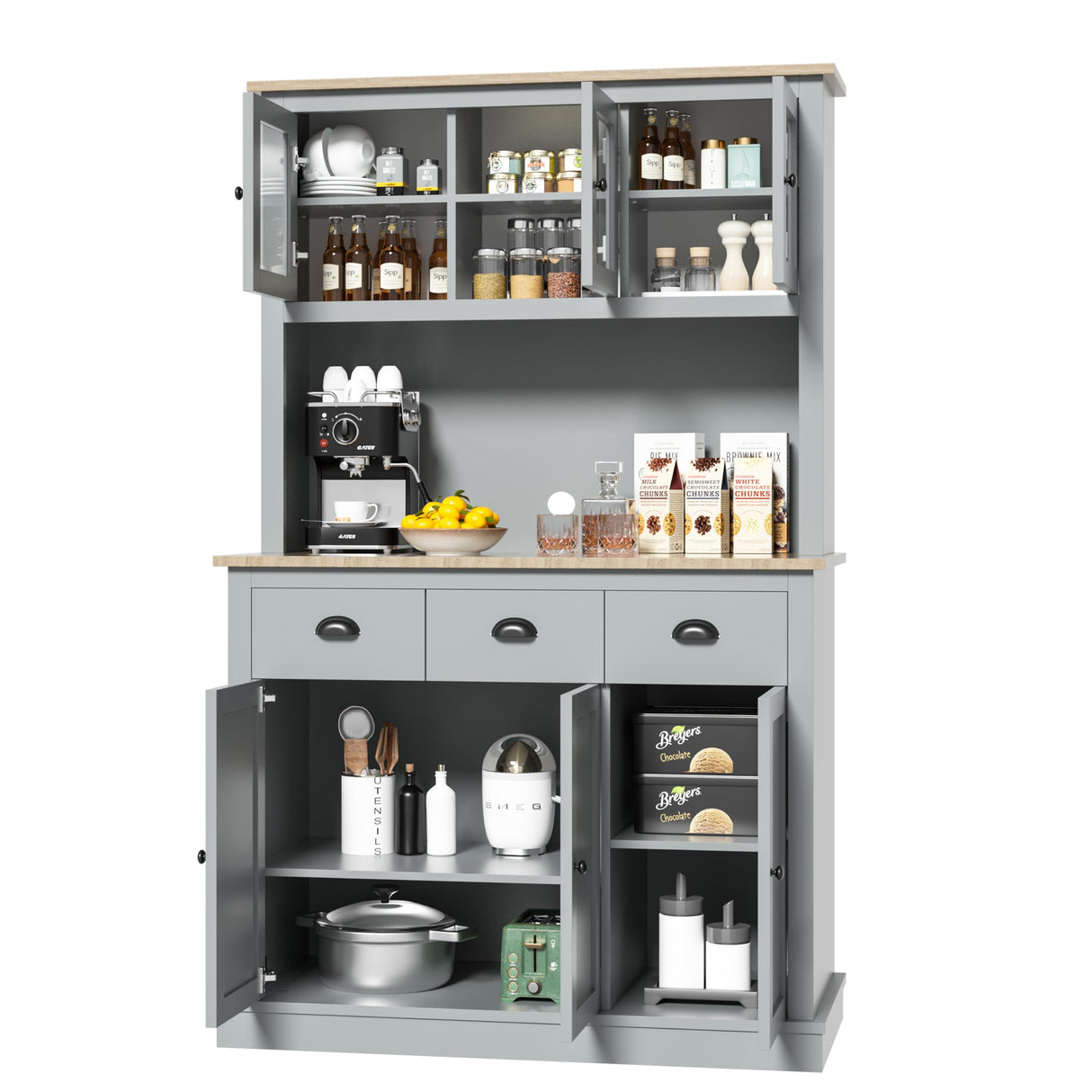 MU 71" Kitchen Hutch Storage Cabinet with Countertop, Tall Freestanding Kitchen Pantry Cabinet with Drawers, Drawers & Microwave Shelf, China Hutch for Kitchen, Dining Room, Living Room, Grey MU