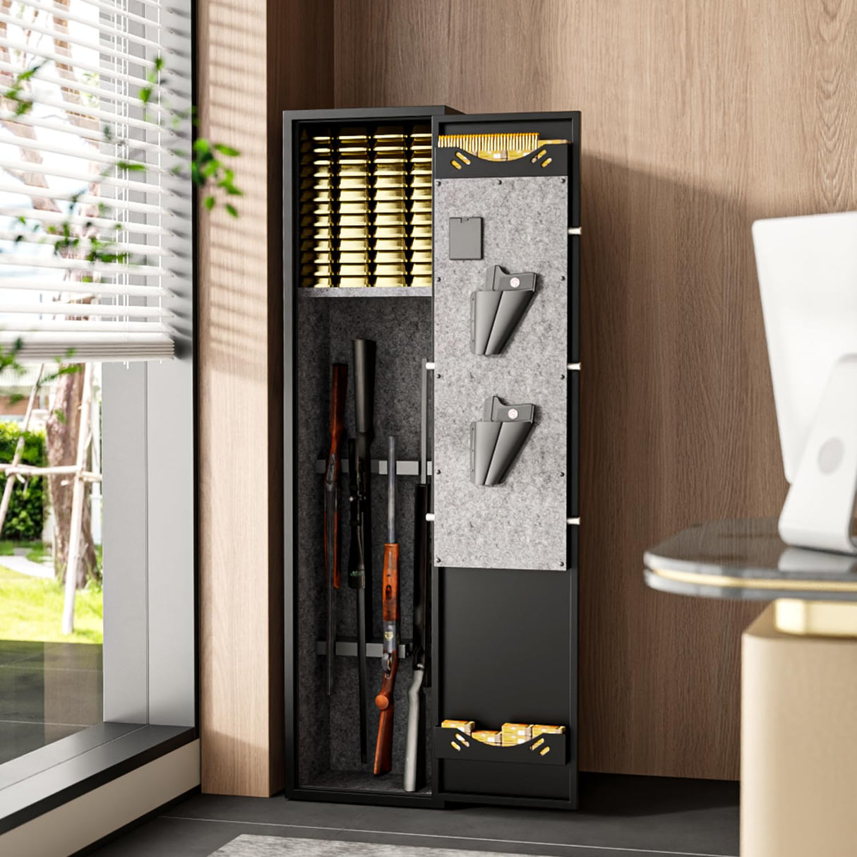 Welfiya 4-6 Gun Safes,Biometric Firearm Storage Unit for Pistols with Quick Access,52" Fireproof Cabinet with Adjustable Rack for Home Rifle and Shotguns,Fingerprint/Digital Keypad Lock,Black Welfiya