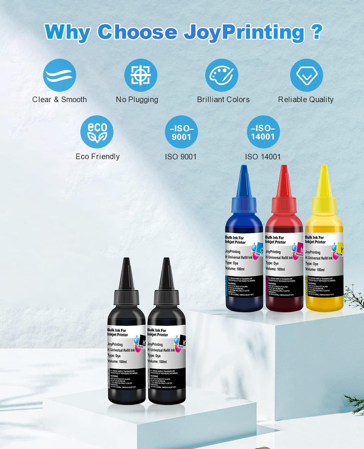 JoyPrinting Ink Refill Kit for HP Printer Cartridges HP 67 60 61 62 63 65 950 951 952 962 920 901 902 932 933 934 940 Refillable Ink Cartridges CISS System (5 x 100ml, Black, Cyan, Magenta, Yellow) JoyPrinting