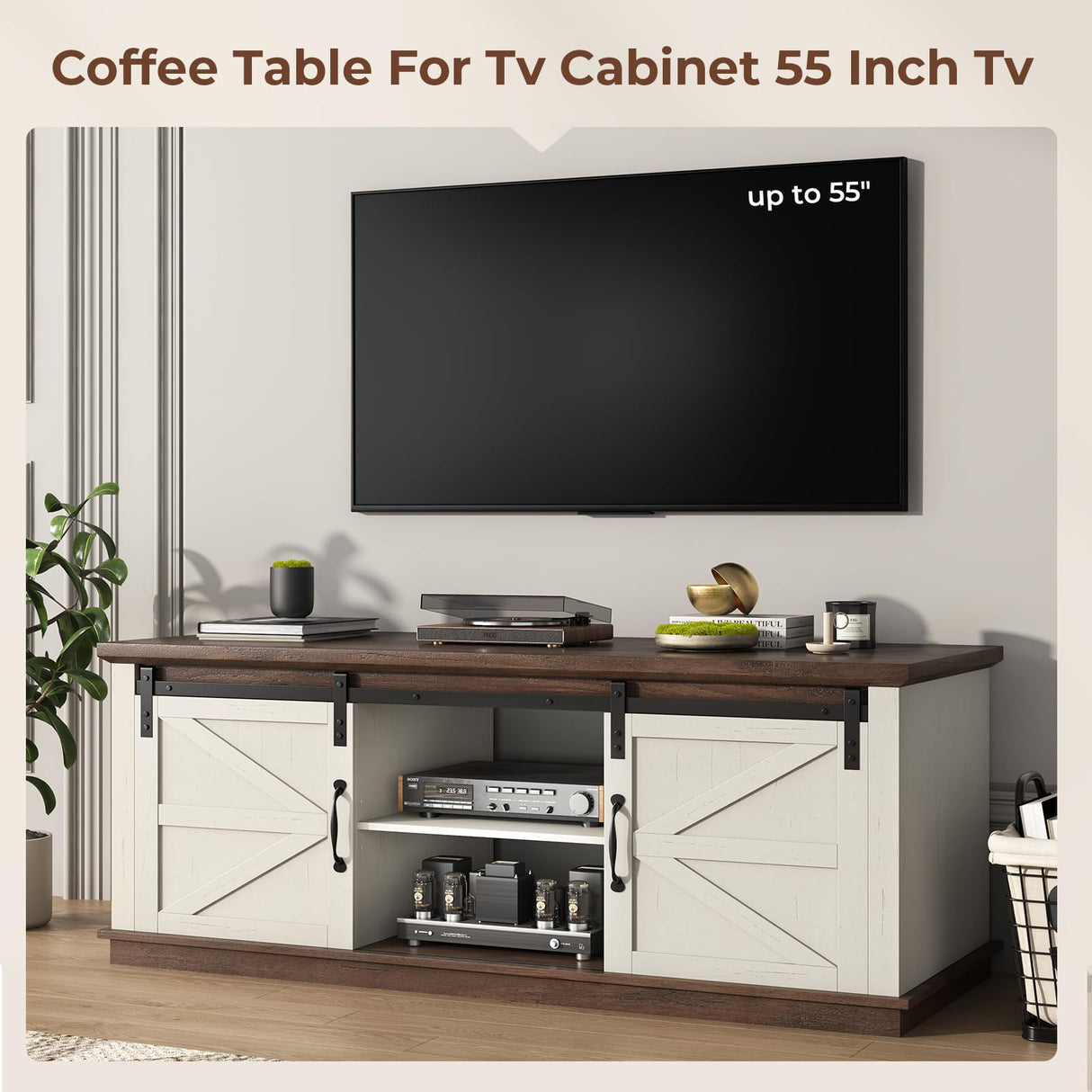 UPOSOJA Farmhouse Coffee Table for Living Room with Storage & 4 Sliding Barn Doors, Adjustable Shelves, Modern Rectangular Rustic Living Room, Meeting Room, Hall Coffee Tables (White Brown) UPOSOJA