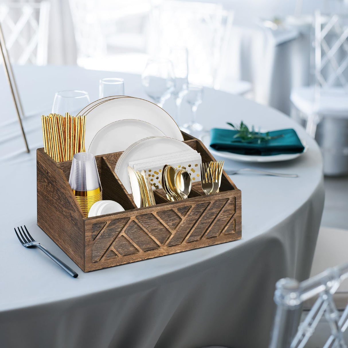 Paper Plate Dispenser, Paper Plate Holder for Kitchen Counter, Wood Rustic Silverware Utensil Caddy, Cutlery Flatware Organizer Box for Cups Spoons Forks Plates Napkins, Kitchen Accessories (Brown) Ukonvi