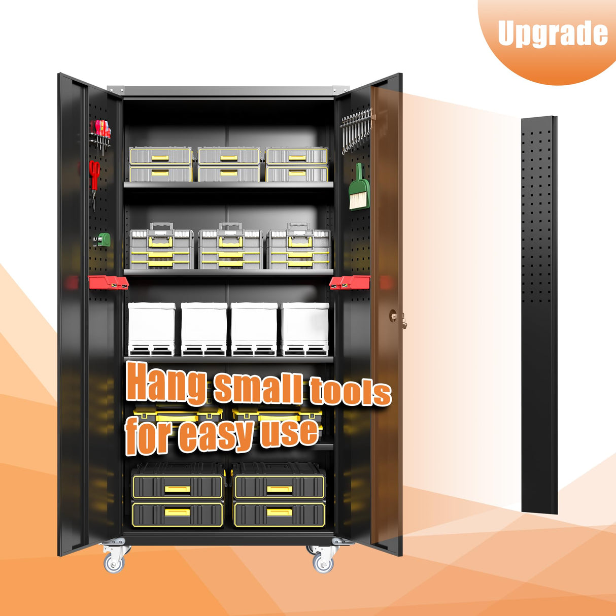 Waqiv 71''H Black Metal Garage Storage Cabinet with Wheels, Lockable Tool Cabinet with Doors and 4 Adjustable Shelves,Tall Metal Cabinets with 2 Pegboards for Garage Storage Systems, Assembly Required Waqiv