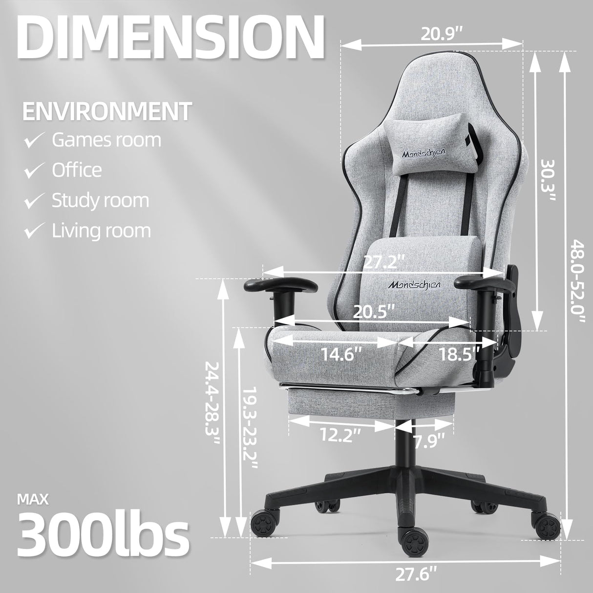 Mondschein Gaming Chair with Pocket Spring, Fabric Office Chair Massage Computer Chair with Footrest, High Back Ergonomic Reclining Desk Chair Racing Game PC Chair Adjustable Armrest Headrest (Grey) Mondschein