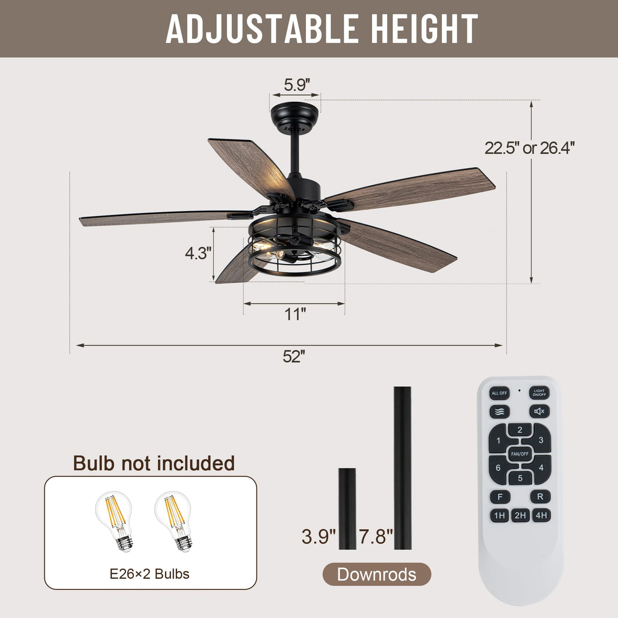 52" Ceiling Fans with Lights, Modern Farmhouse Caged Ceiling Fan with Light and Remote, Reversible Motor, 5 Double Finish Wood Blades, Chandelier Rustic Ceiling Fan for Living Rooms, Bedroom Oaks Aura