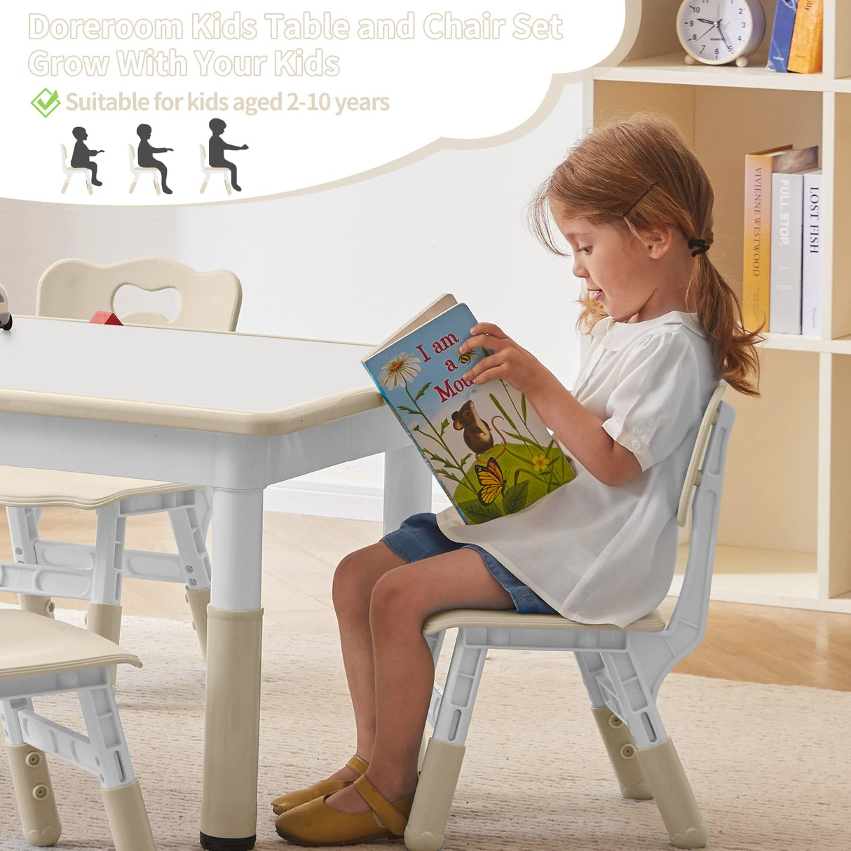 DOREROOM Toddler Table and Chairs Set for 4, 47.2''L x 23.6''W Kids Study Table and Chair Set, Height-Adjustable, Graffiti Desktop, Children Activity Table for Daycare, Classroom, Home DOREROOM