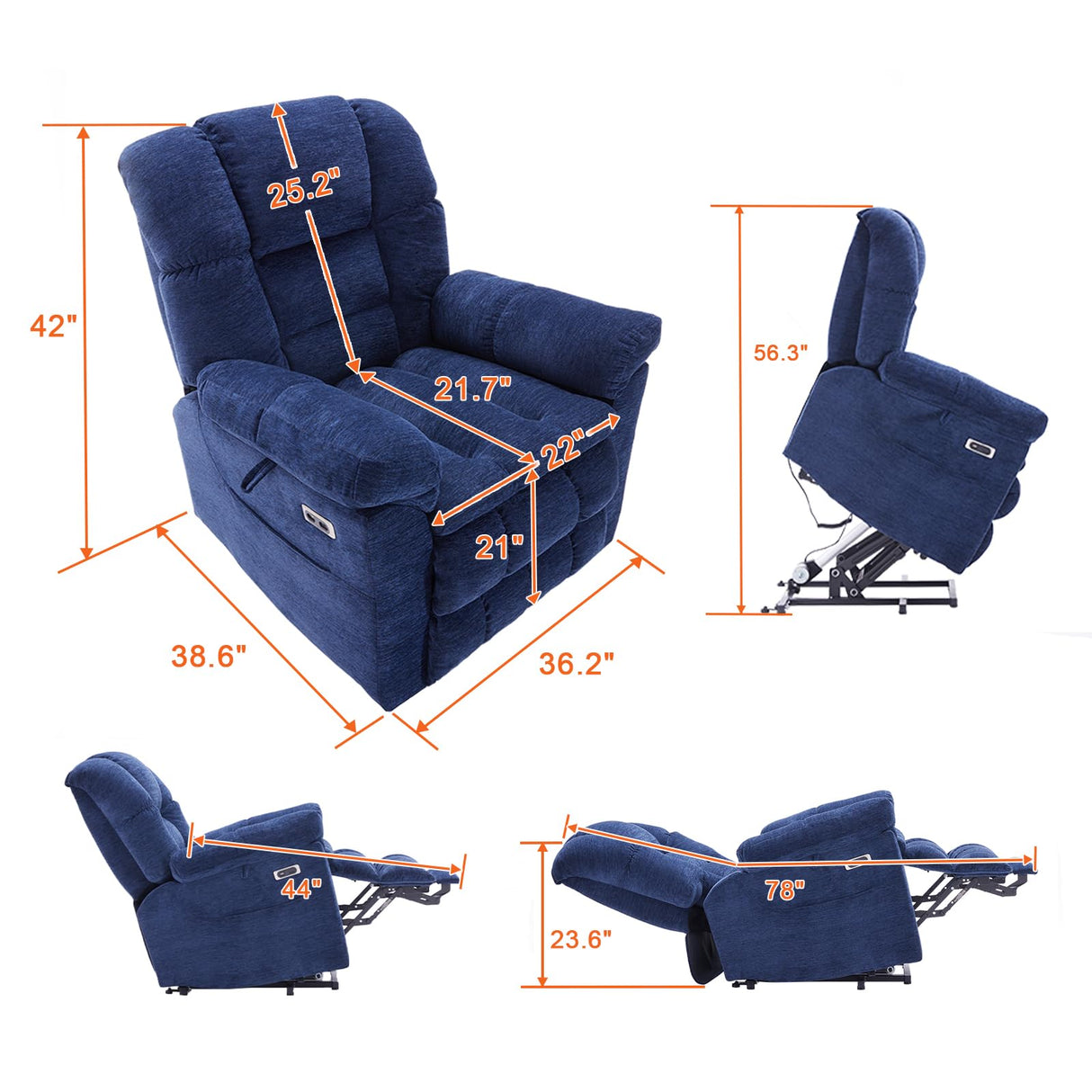 Eiayeebil Triple Motor Power Lift Recliner Chair with Massage and Dual Heat for Elderly People, Zero Gravity Lay Flat Recliner Infinite Position, USB Ports(Navy Blue) Eiayeebil
