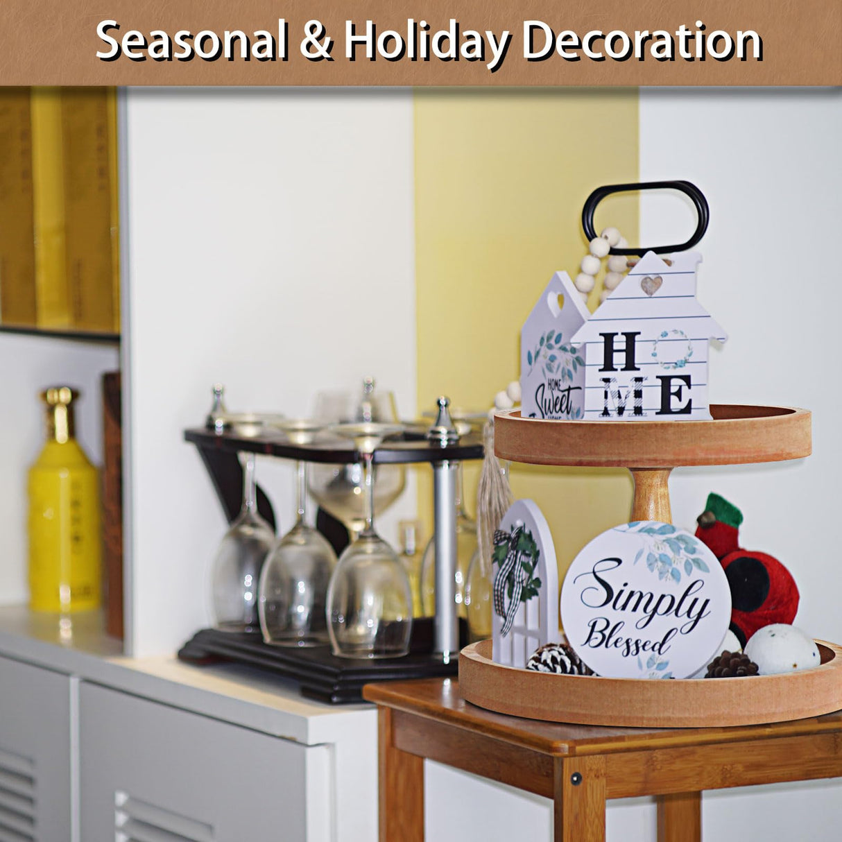 Krismax Decorative Tray - Two Tiered Tray Stand, Rustic Round Farmhouse Style Tiered Tray Decor, Farmhouse 2 Tiered Serving Tray, Holiday Decoration Wooden Tray for Coffee Table Display Stand(Brown) Krismax