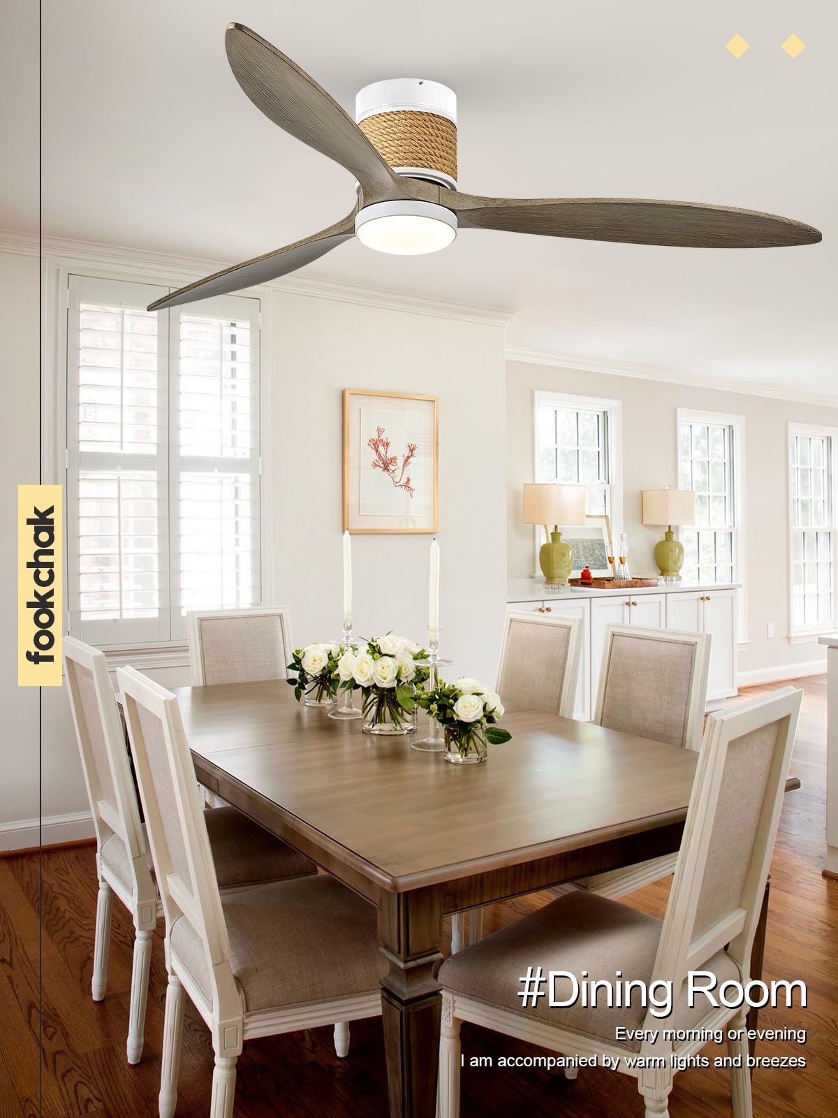 60in Boho White Ceiling Mount Fan Light Dimmable with Remote Control 3 Blade Hemp Rope Ceiling Fan with Light Coastal Weathered Wood Ceiling Fan Outdoor for Balcony Kitchen Bedroom, F22 FookChak