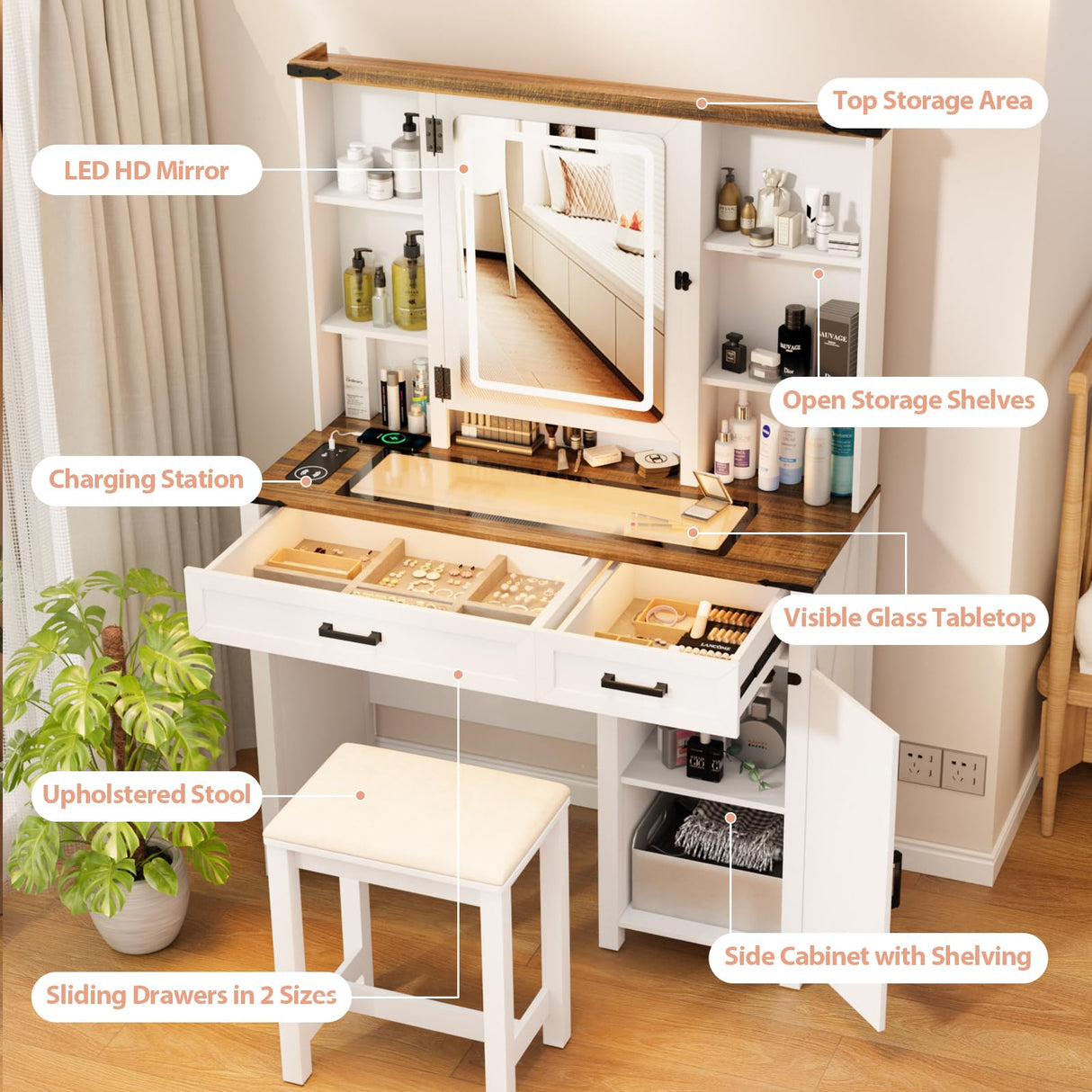 Trygoal Farmhouse Makeup Vanity, Vanity Desk with 3 in 1 Charging Station and Human Body Sensing LED Lights, Vanity Table with Glass Tabletop & Hidden Jewelry Cabinet, Stool Included, Vintage White Trygoal