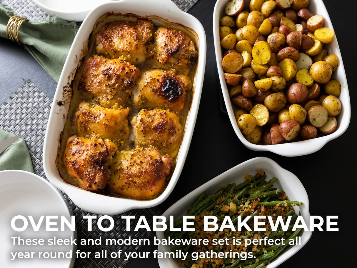 Saffron & Sage Casserole Dish Set of 3 - Baking Dishes for Oven, Contemporary White Ceramic Baking Dish Set, Heavy Duty Bakeware, Up to 500° High Heat Resistant, Dishwasher, Freezer and Food Safe Saffron & Sage Home Living