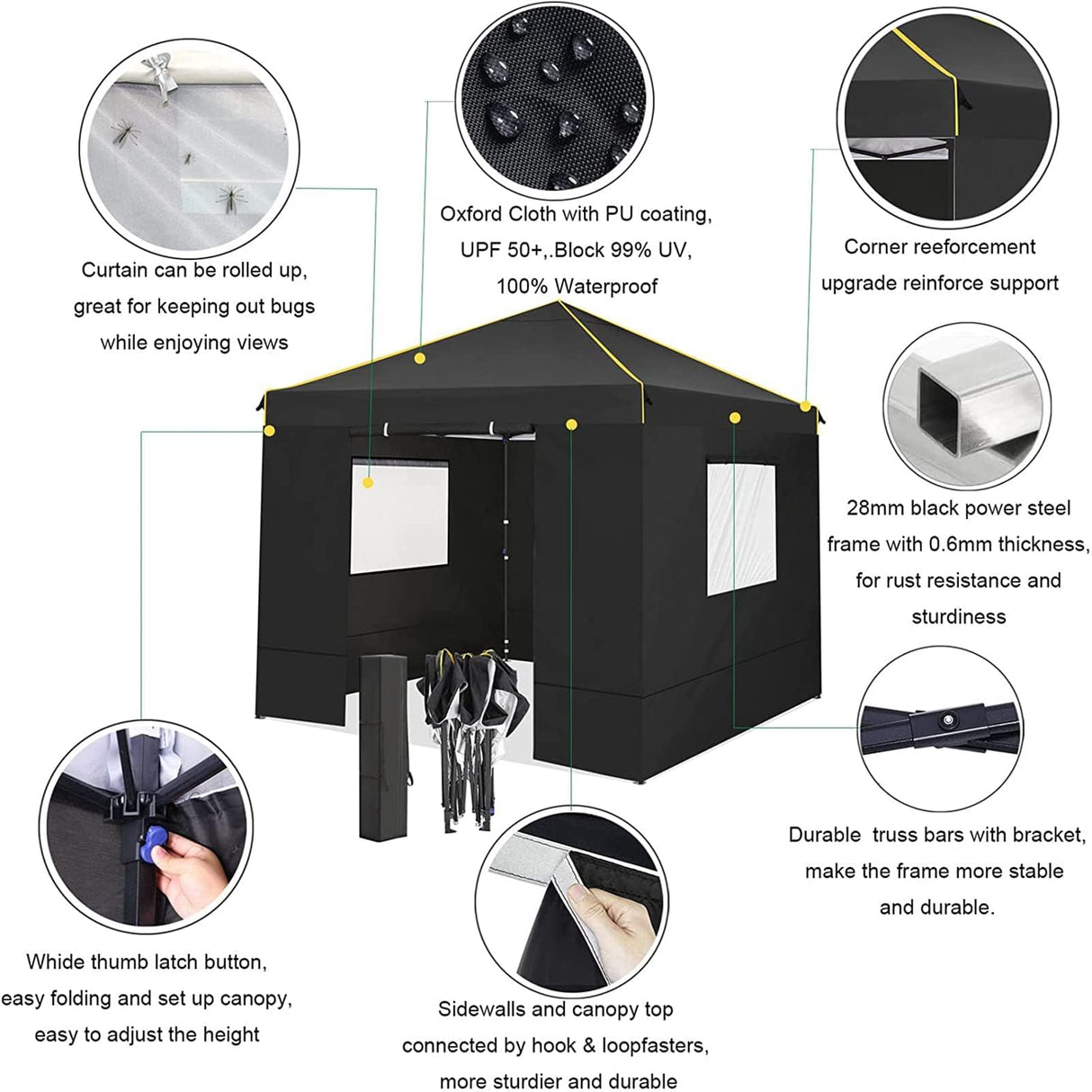 COBIZI 10x10 Pop Up Canopy Gazebo with Mesh Windows 2.0, Easy up Canopy Tent 10x10, Portable Waterproof Outdoor Canopie with 4 Removable Sidewalls & Carry Bag & 4 Stakes & Ropes, Black COBIZI