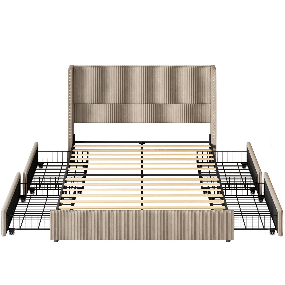 LARMACE King Size Bed Frame with 4 Storage Drawers,Corduroy Upholstered King Size Platform Bed Frame with Tufted Vertical Stripe,Solid Wood Leg/No Box Spring Needed/Noise Free,Brown LARMACE