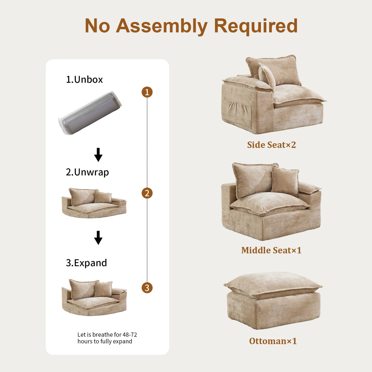 Korser 122" Sectional Couches for Living Room, Modular Boneless Couch with Deep Seat & Fluffy Cushion, Cozy Double-Layer Cushioned Sofa with Convertible Ottoman, Comfy Cloud Sofa, No Assembly Required Korser