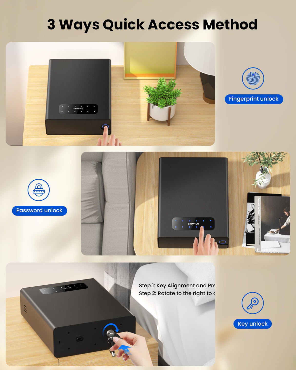 EAMIRUO Biometric Gun Safe for Pistols - Slide-Away Handgun Safe 3 Ways Quick Access with Fingerprint, Password and Key, Drawer Gun Safe for Home Bedsise Nightstand Car EAMIRUO