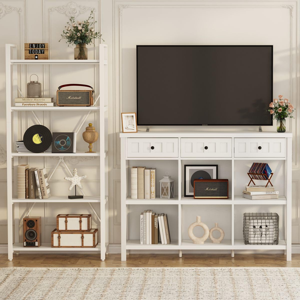 FATORRI 6 Cube Storage Bookshelf with 3 Drawers, Long Horizontal Bookcase, Modern Cubby Organizer Shelf (White Oak, 47 Inch) FATORRI