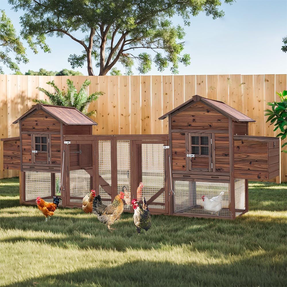 Wooden Chicken Coop Large Walk-in Outdoor Hen House with Nesting Box and Run,Poultry Cage Rabbit Hutch Waterproof UV Panel Cover for 2-4 Chickens 80''H Deep Brown #821 (160" L x 21" W x 44" H) Grezone
