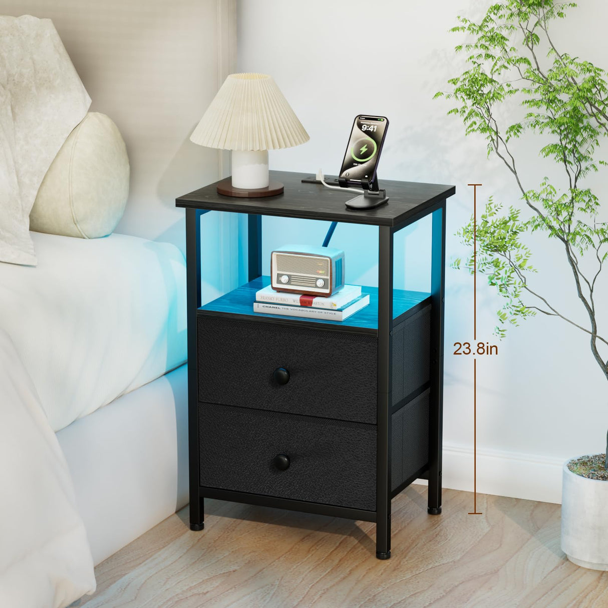 LOAKEKEL Nightstand with Charging Station, End Table with 2 Fabric Drawers, LED Night Stand for Bedroom, Small Bed Side Table with USB Ports and Outlets for Living Room, Black, HETS02BK-1 LOAKEKEL