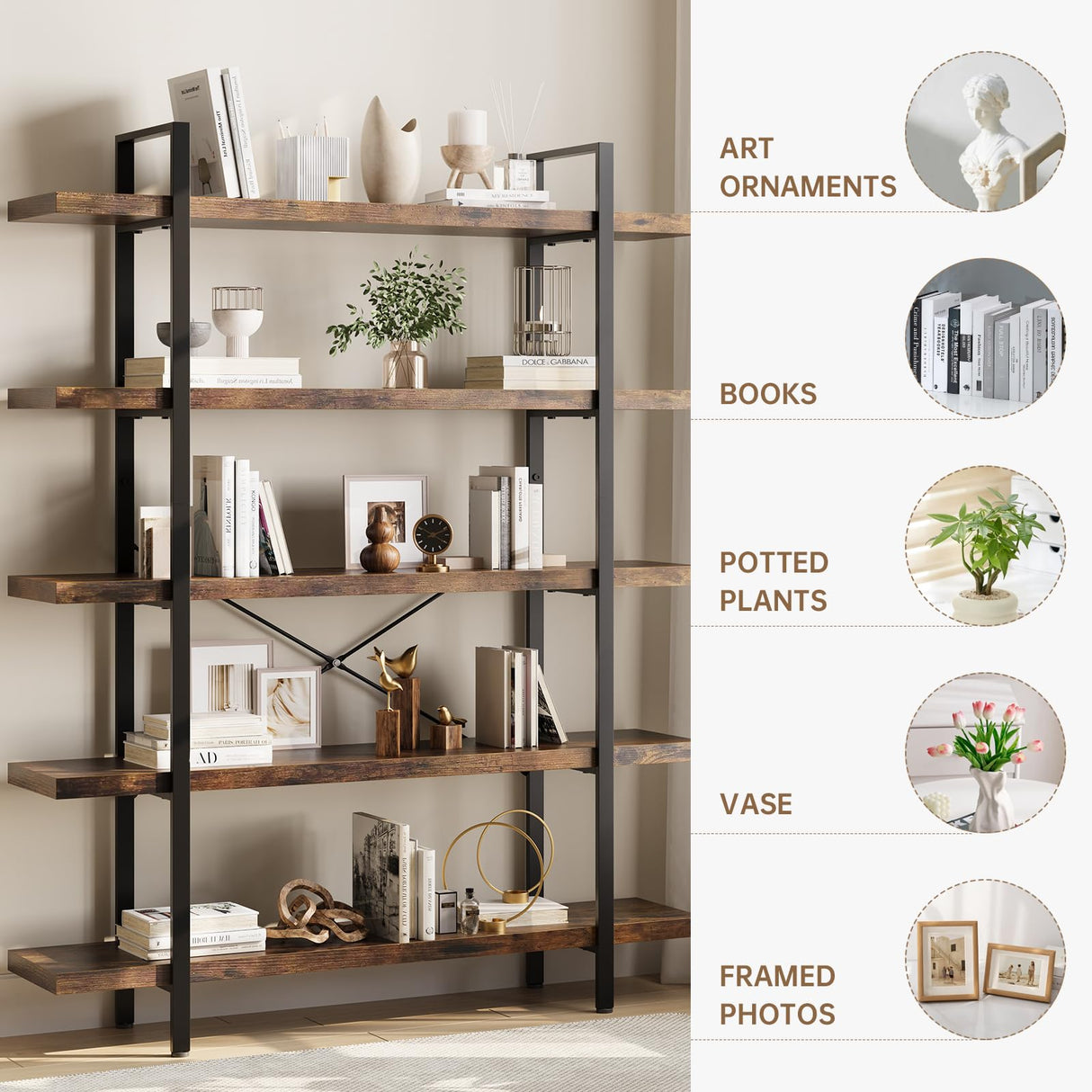 OtterOasis Heavy Duty 5-Tier Industrial Bookcase, 47" Wide Wood Bookshelf for Home Office, 120lbs Shelf Capacity, Rustic Open Shelving Display with Reinforced Horizontal Shelf for Living Room Bedroom OtterOasis