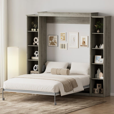 BEQAI Murphy Bed Queen with Storage Bookcase & 4 Adjustable Shelves, Queen Murphy Bed Cabinet Bed, Foldable Space Saving Furniture Beds, Wood Wall Bed for Guest Room, Bedroom, Grey