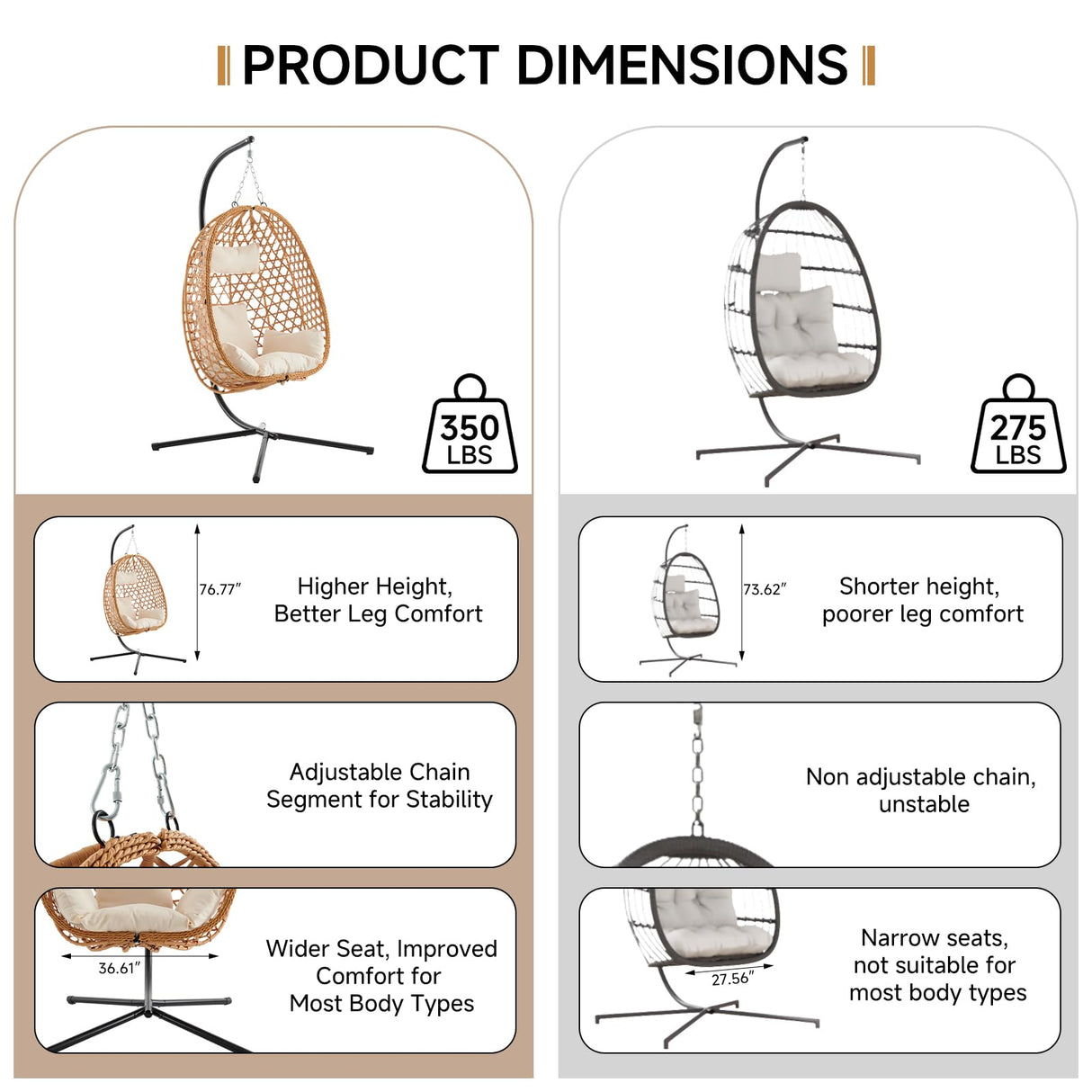 Thinlute Outdoor Hanging Egg Chair, Patio Wicker Swing Chair with Stand and Cushion, Wider Basket Seating, Hammock Chairs for Outside Balcony Backyard Bedroom Porch, Brown Thinlute