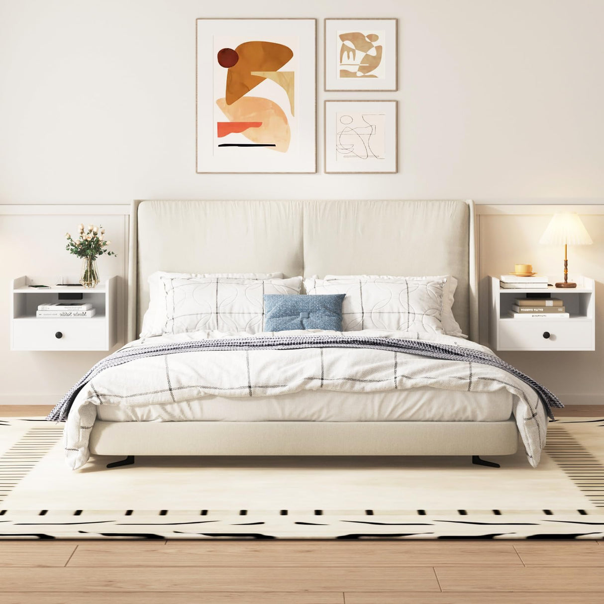 Floating Nightstand Set of 2 with Charging Station Modern Night Stand for Bedroom with Drawer Small Bedside End Table with Outlet Wood Wall Mounted Nightstands Set 2White HOSEOKA