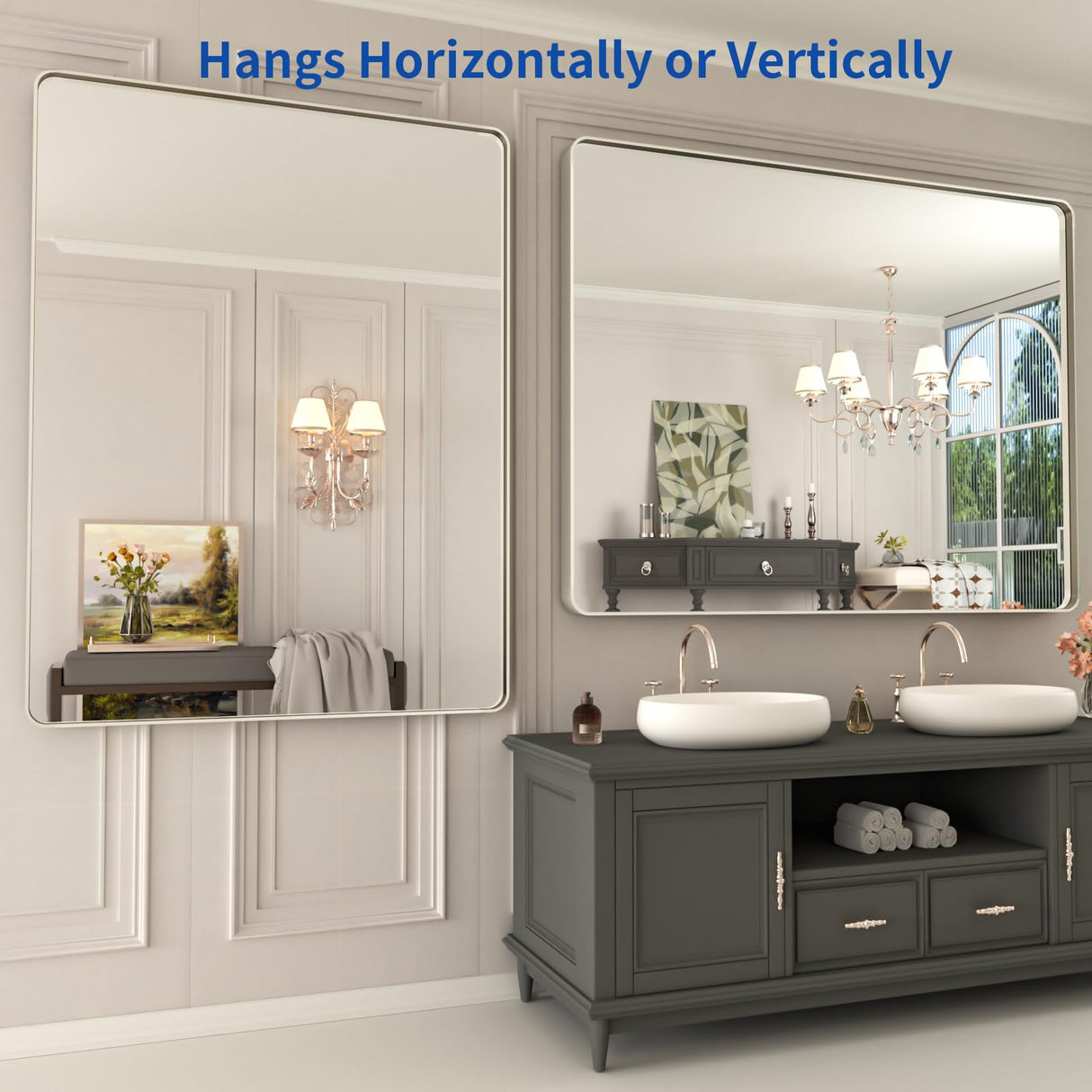 WEER 48X36 Inch Brushed Nickel Bathroom Mirror, Brushed Silver Metal Frame Mirror, Rounded Rectangle Silver Bathroom Vanity Mirror, Tempered Glass, Anti-Rust, Hangs Horizontally or Vertically WEER