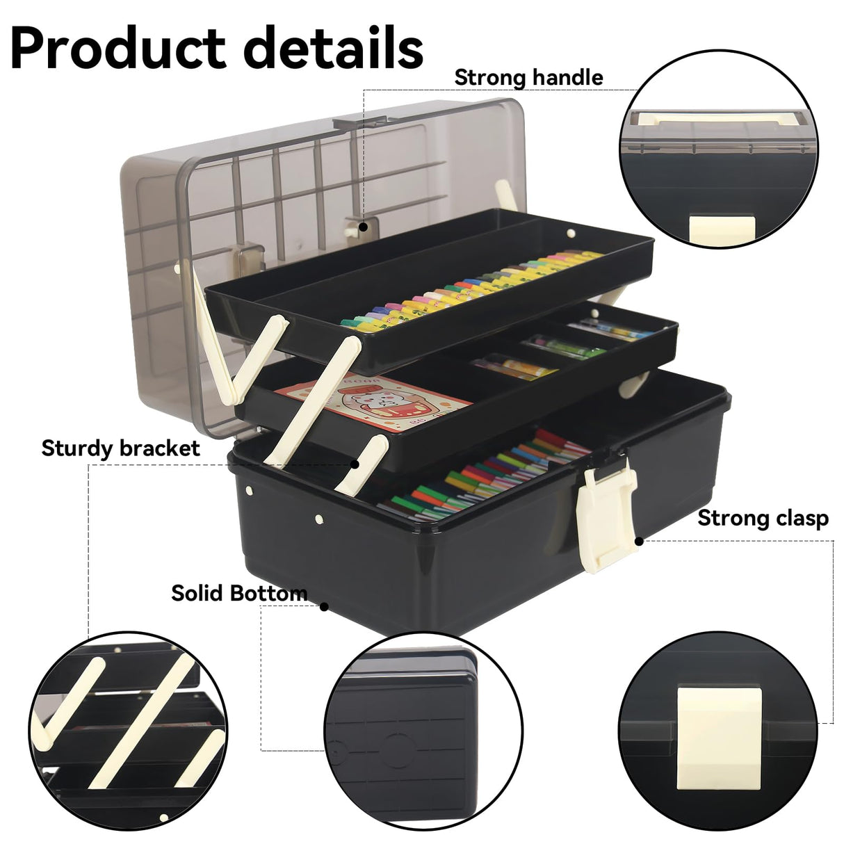 WEWLINE 13-Inch Art Storage Box 3-Layers Plastic Storage Box with Handle Craft Art Bin Portable for Home School Office Travel, Black WEWLINE