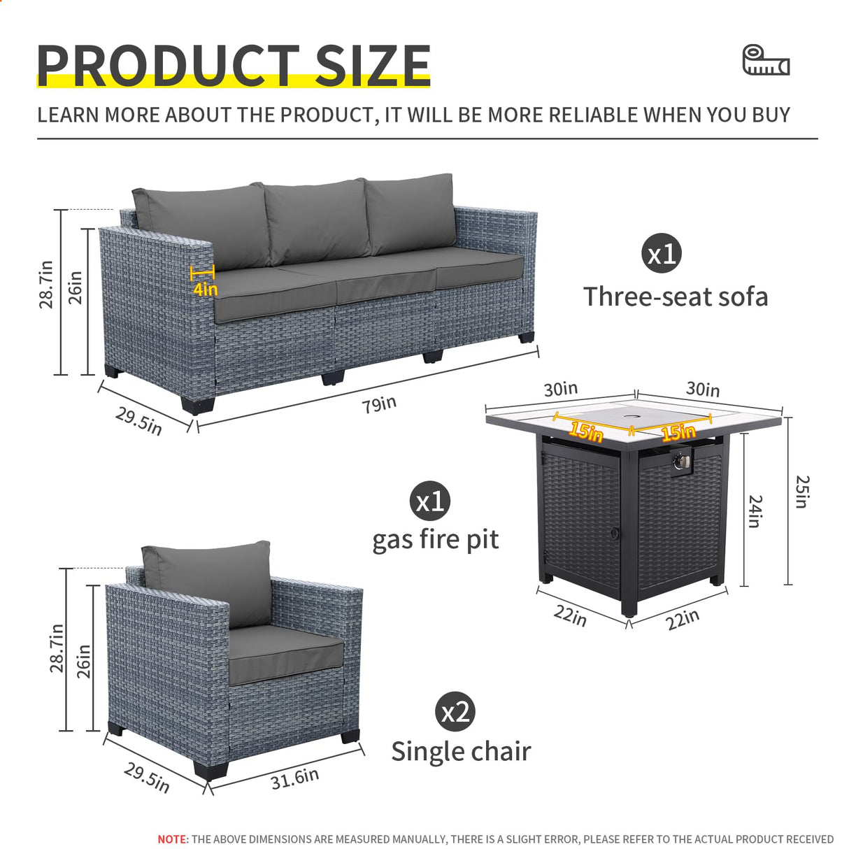 Lviden 4 Piece Wicker Patio Furniture Sets Outdoor Conversation Set PE Rattan Sectional Sofa Couch with Fire Pit Table and Grey Cushions Lviden