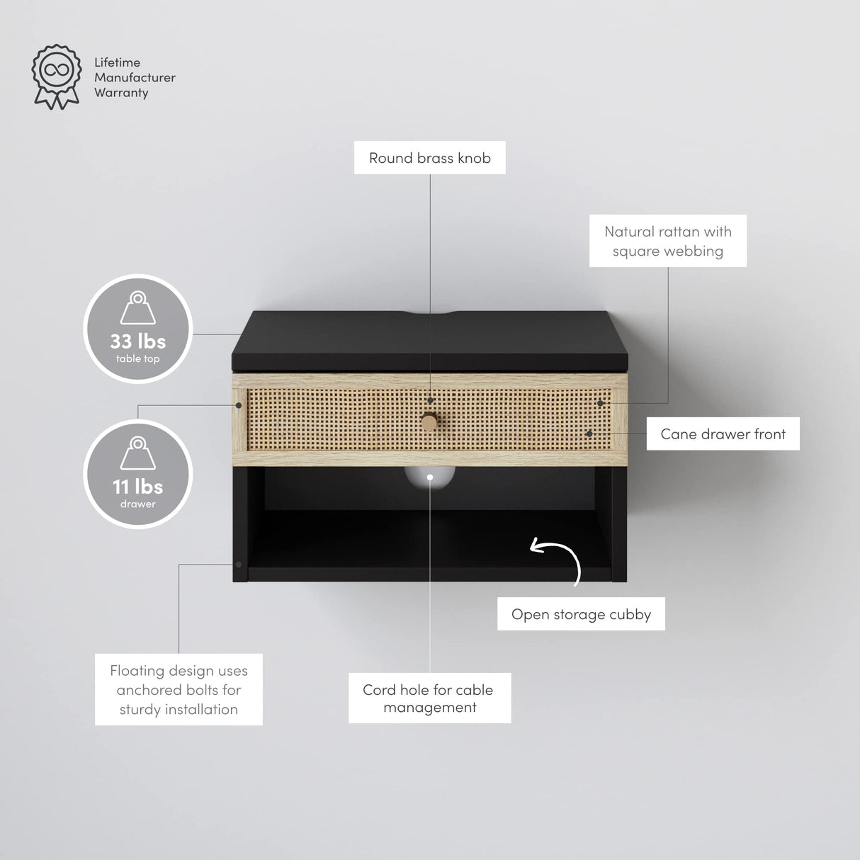 Nathan James Jackson Modern Floating Bedside Nightstand with Drawer, 1, Black/Rattan Nathan James