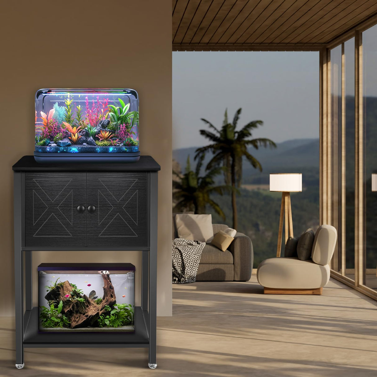 BEURUKU 5-10 Gallon Fish Tank Stand, Heavy Duty Aquarium Stand with Cabinet & Power Outlets for Fish Tank Accessories Storage, Double Tank Stand 20.5" L* 11" W Tabletop, 220LBS Capacity Black BEURUKU