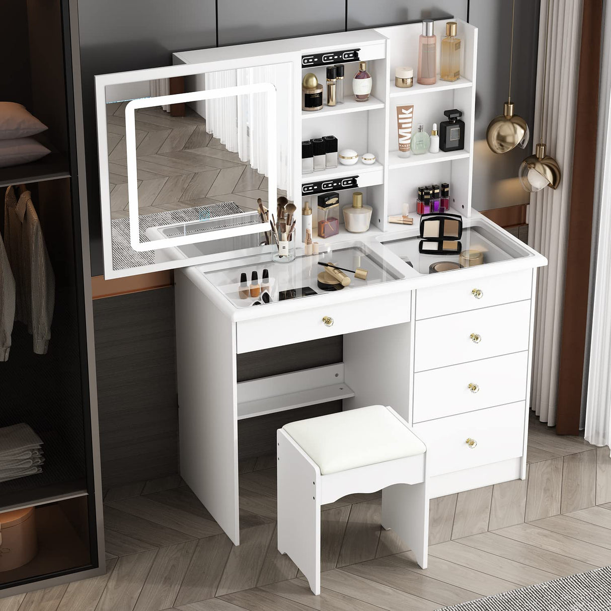 Homsee Vanity Desk Set Makeup Table with Large Sliding Lighted Mirror & Glass Top, Modern Dressing Table with Drawers, Storage Shelves & Stool for Bedroom, White Homsee
