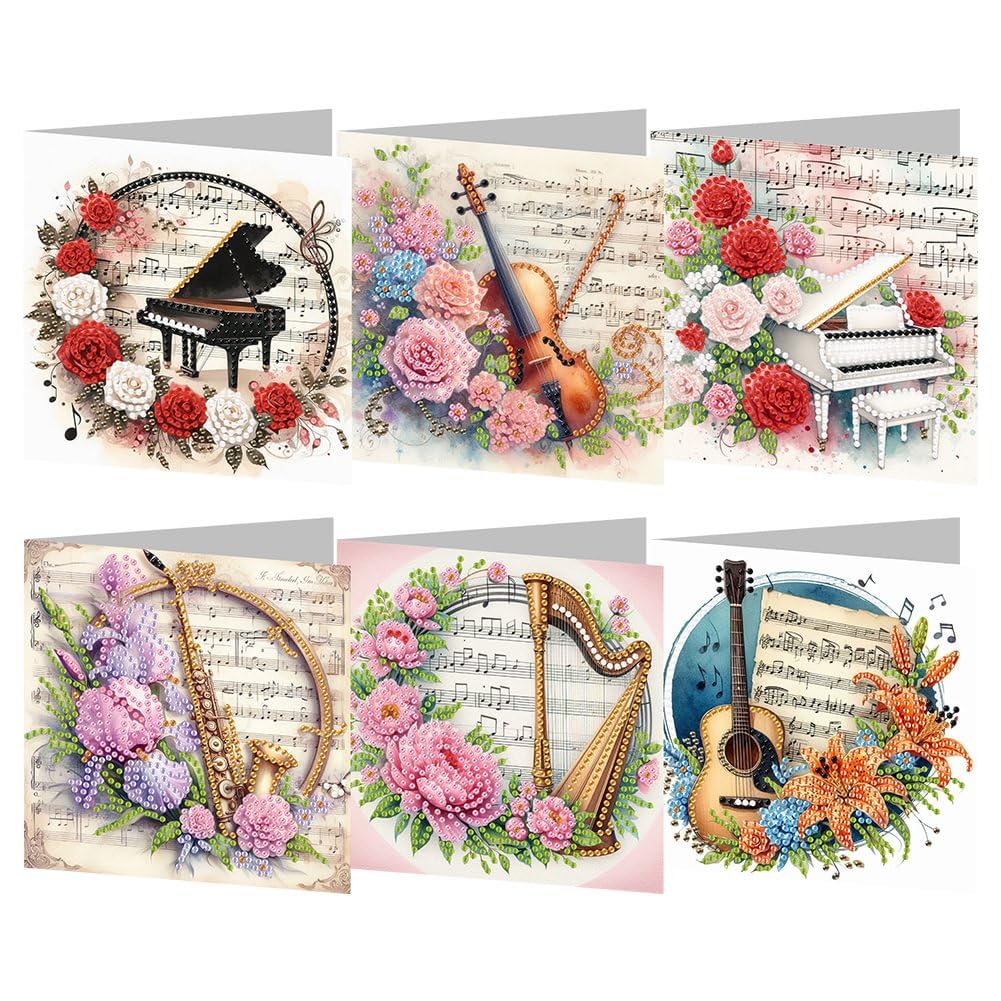 pigpigboss 6 Packs Music Diamond Painting Greeting Card Kit, Special Shaped Flower Piano Violin Guitar Diamond Art Birthday Cards with Envelope for Music Lover Holiday Blessing pigpigboss