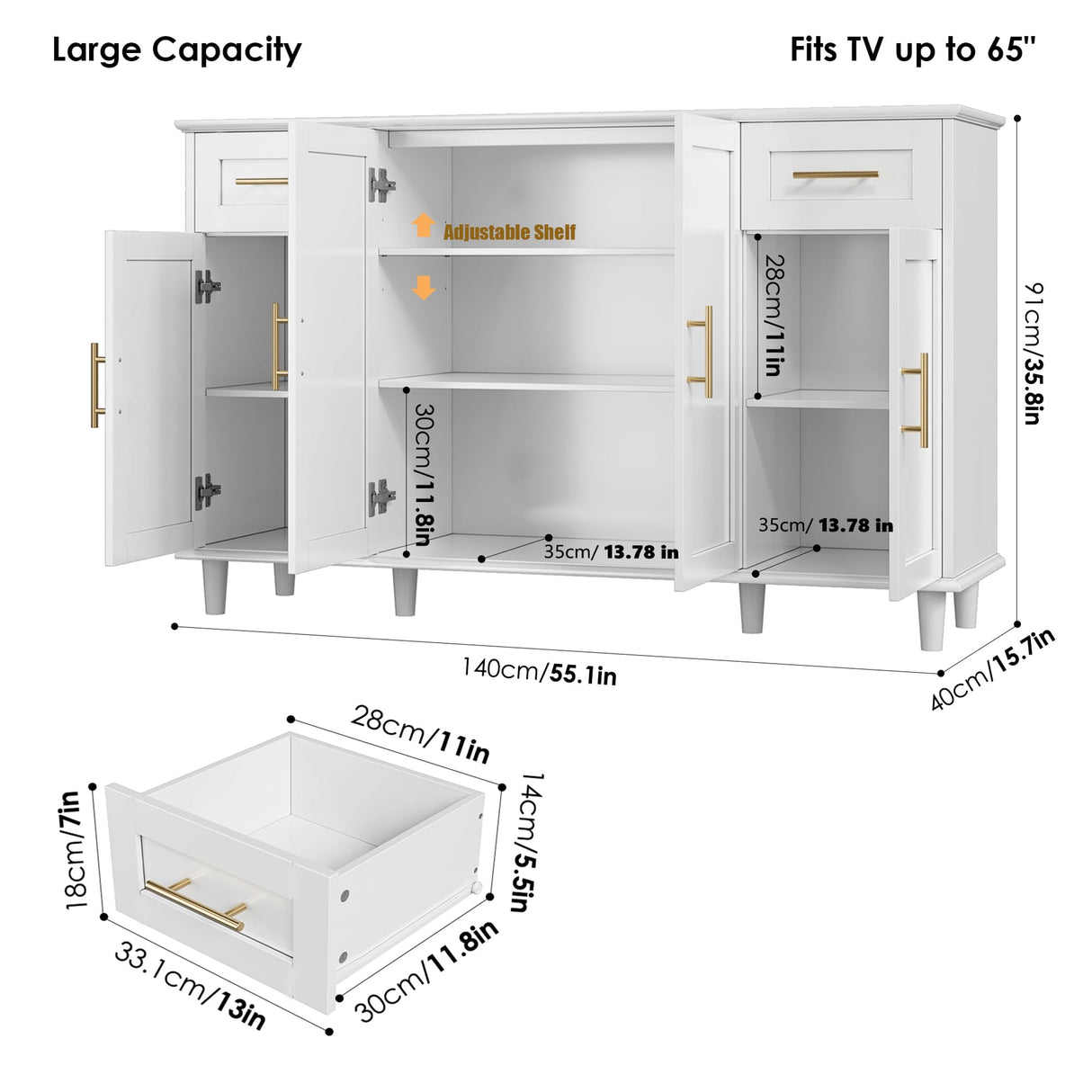 HOSTACK Modern Sideboard Buffet Cabinet with Storage, 55" Large Kitchen Buffet Storage Cabinet with Drawers and Shelves, Wood Coffee Bar Cabinet with Gold Handles for Dining Room, Living Room, White HOSTACK