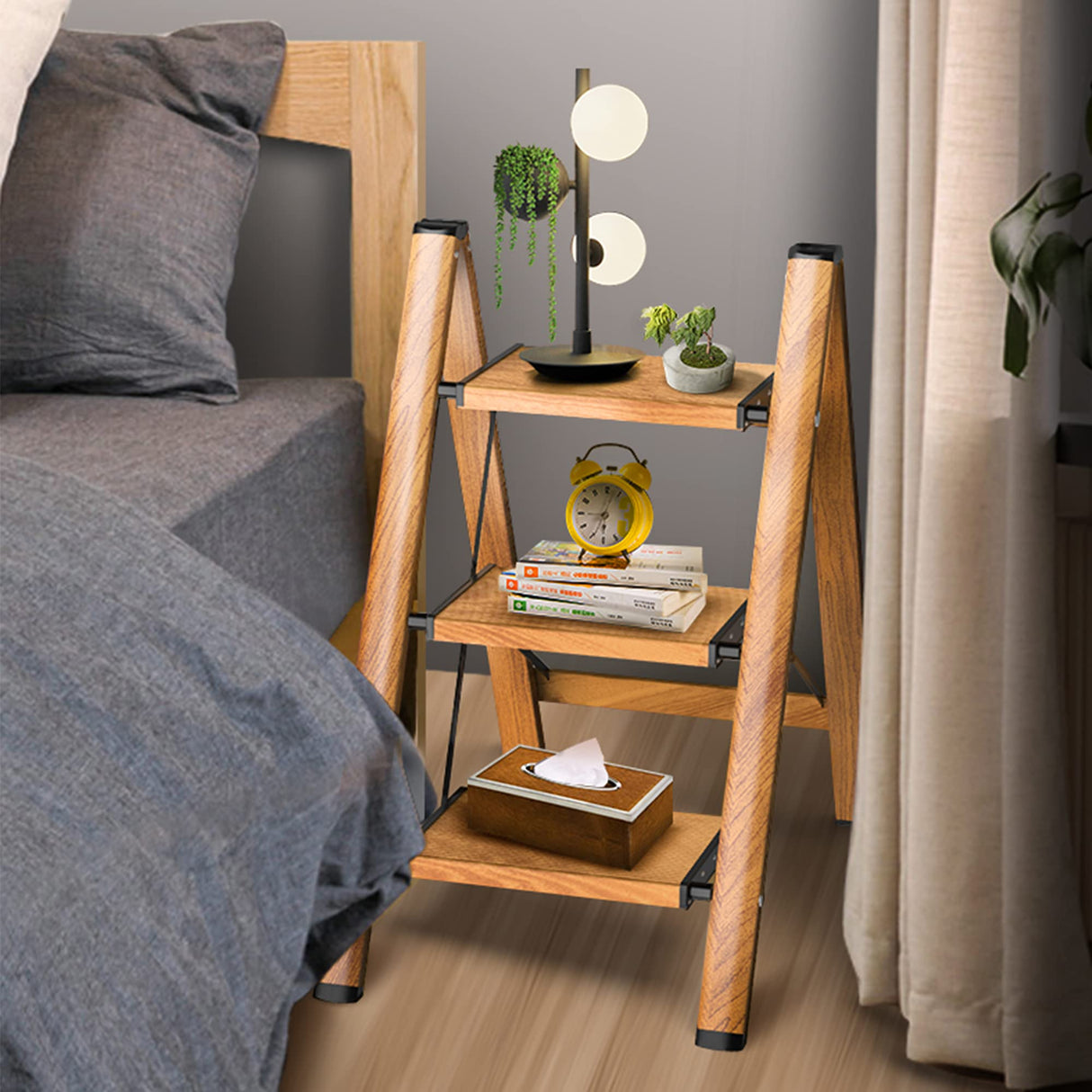 SOLADDER 3 Step Ladder Anti-Slip Foldable Step Stool Aluminum Lightweight with Wide Pedal for Home and Kitchen Space Saving - Woodgrain (330 lbs) Soladder